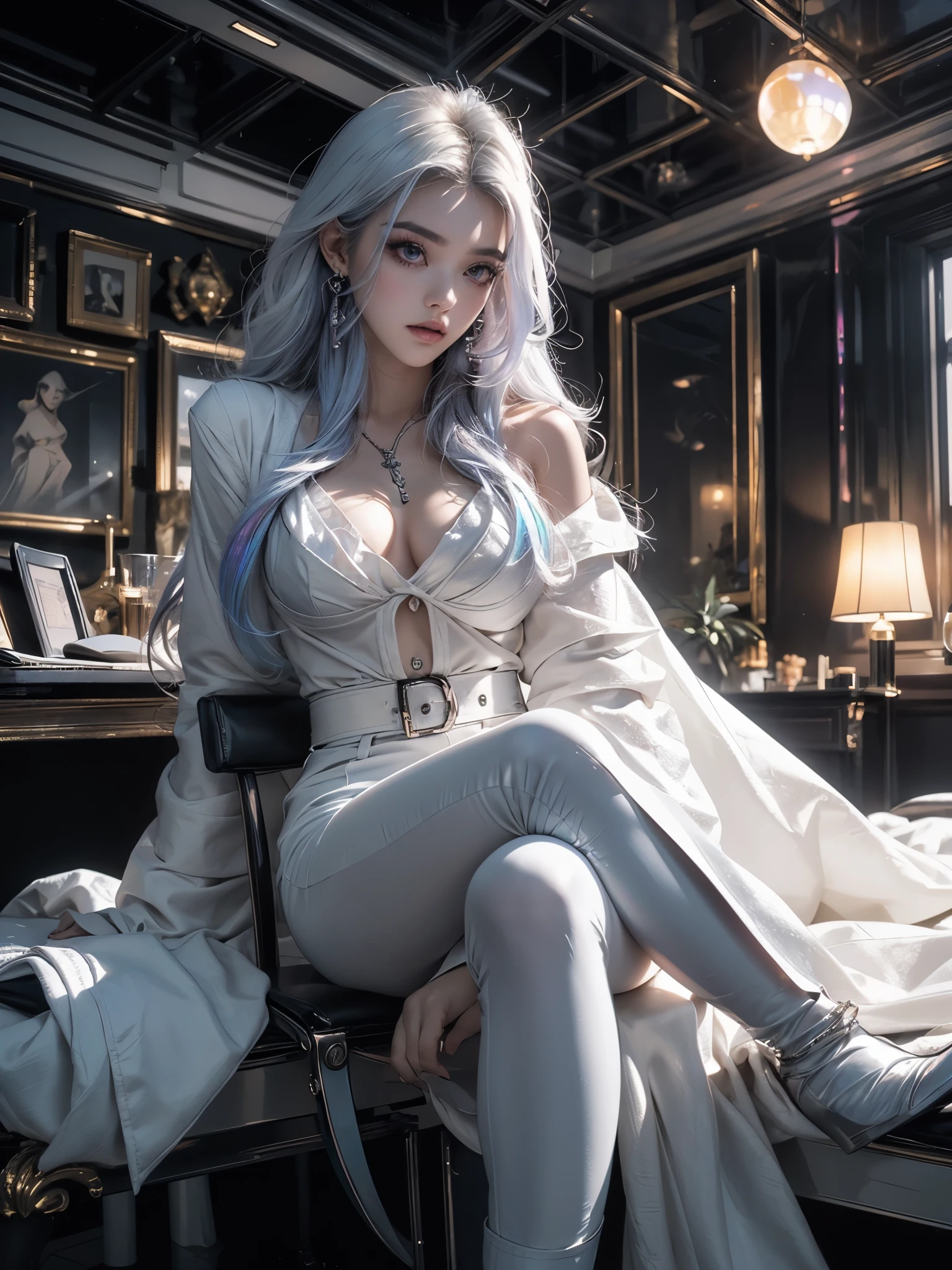 macabre girl, white eyes, eye makeup, white eyebrows, white eyebrows, black lips, long hair, moving white hair, huge white cape, cleavage, black latex pants, high-heeled boots, sitting with legs open like a model, ( ((emitting black mana, levitating furniture))), {extremely detailed 16k CG unit wallpaper}, expansive landscape photography, (a low view with focus on character and setting), (wide view of open field ), (low angle shot), (high light: 1.3), (low light: 1.5), (warm light source: 1.3), complex details, (iridescent colors: 1.5), (bright lighting), (atmospheric lighting ), dreamer, unique,