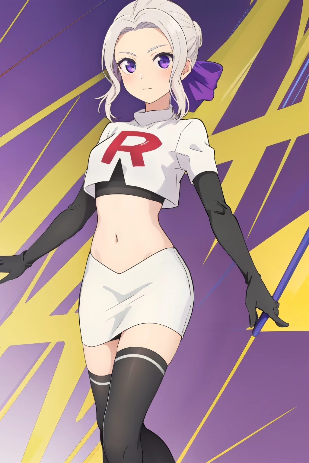 ((best quality)),((highly detailed)),masterpiece,absurdres,detailed face,beautiful face,(detailed eyes, deep eyes),(1girl),((dynamic pose)), shino, 1girl, solo, purple eyes, looking at viewer, fairy background, ribbon, hair ribbon, purple ribbon, white hair, team rocket,team rocket uniform,white skirt,red letter R,crop top,black thigh-highs,black elbow gloves