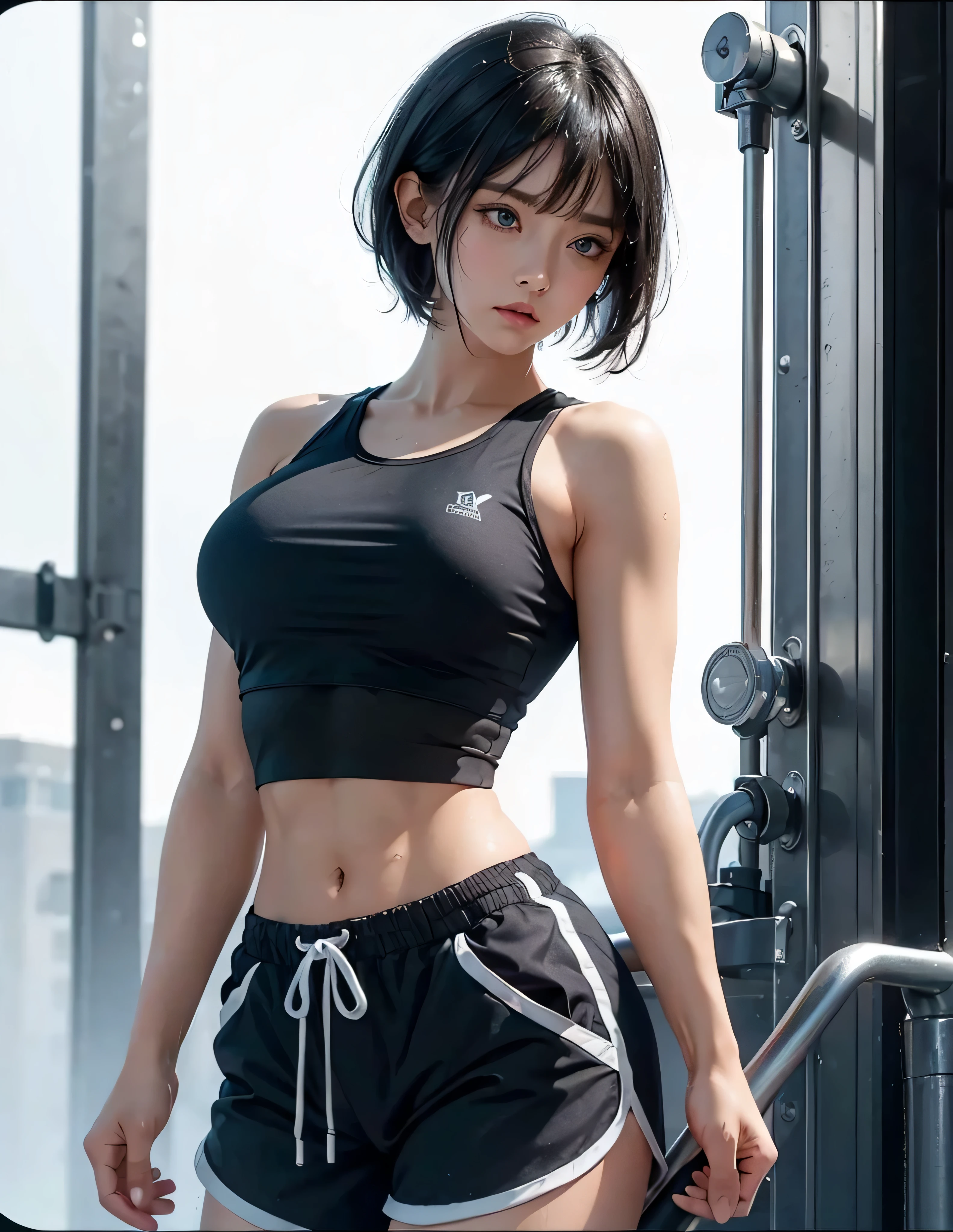 Realistic glowing skin, ,Always look at the camera, ,(sweating:1.2),Black Hair,short hair,Tie your hair short,Silky translucent white skin,best Realistic depiction,(Very detailed美しい顔), Great face and eyes, (Highest quality:1.4), (Very detailedな), (Very detailed CG 統合 8k 壁紙), Very detailed, High resolution raw color photos, Professional photography, Realistic portrait,
 (Detailed RAW photos of the girl&#39;s whole body), Canon EOS R5 250mm, Sharp focus, Cinema Lighting,  (No makeup:1.2), Fine skin, Delicate collarbone,(Ultra-high resolution:1.6), (Realistic:1.6), 