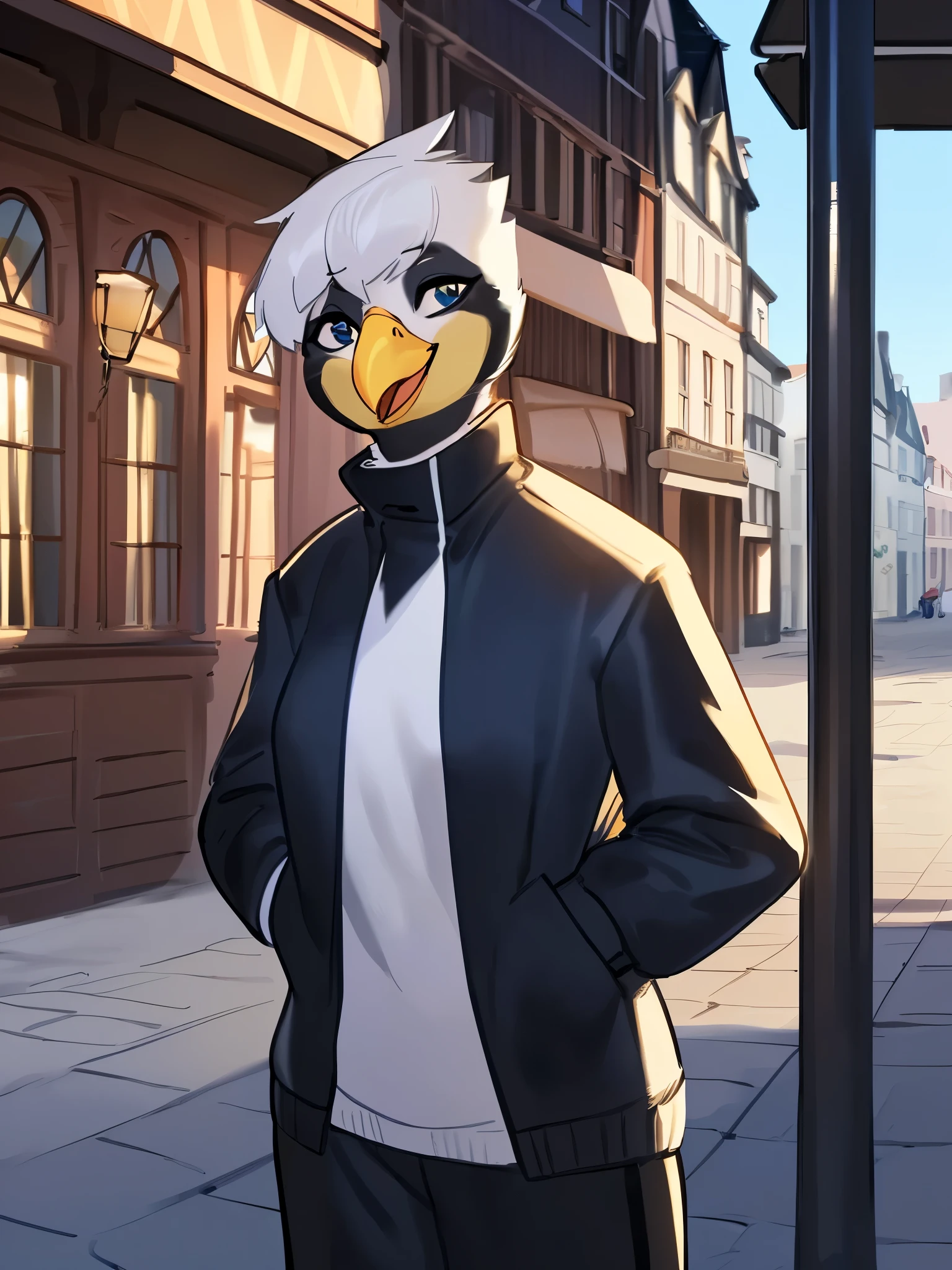 by bebebebebe, by lostgoose, by goonie-san, solo, female, standing, ((snout, hair, white hair, avian, bird, great tit)), detailed eyes, german city, open mouth, smiling, happy, ((designer clothes, armani)),