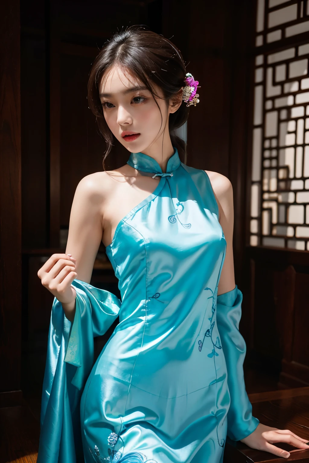 masterpiece, highest quality, high resolution, solo, Chinese girl, in a elegant cheongsam, slim figure, intricately designed pattern, bright colors, flowing silk fabric, revealing neckline, open legs, traditional Chinese footwear, graceful poses, intricate embroidery, sparkling accessories, beautiful facial features with delicate makeup.
