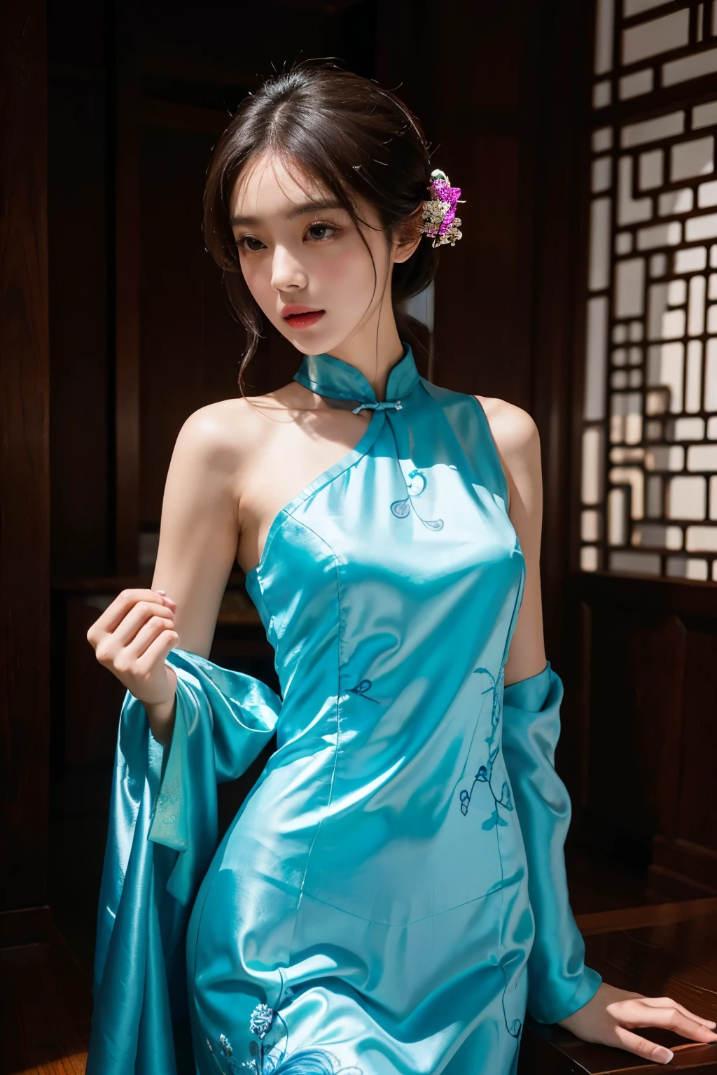 masterpiece, highest quality, high resolution, solo, Chinese girl, in a elegant cheongsam, slim figure, intricately designed pattern, bright colors, flowing silk fabric, revealing neckline, open legs, traditional Chinese footwear, graceful poses, intricate embroidery, sparkling accessories, beautiful facial features with delicate makeup.