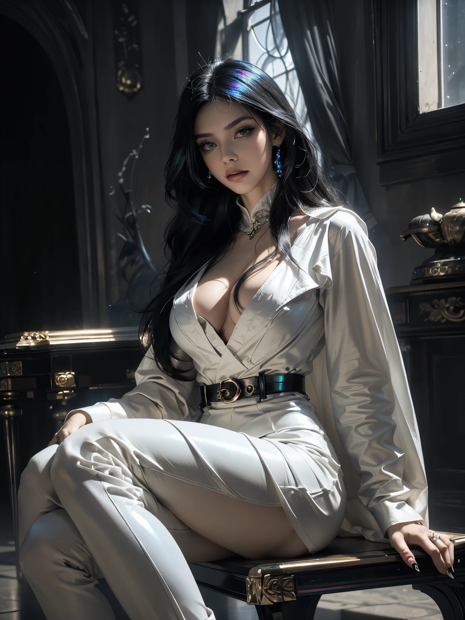 macabre girl, white eyes, eye makeup, white eyebrows, white eyebrows, black lips, long hair, moving white hair, huge white cape, cleavage, black latex pants, high-heeled boots, sitting in a model pose, (( (emitting black mana, levitating furniture))), {extremely detailed 16k CG unit wallpaper}, expansive landscape photography, (a low view with focus on character and setting), (wide view of open field) , (low angle shot), (high light: 1.3), (low light: 1.5), (warm light source: 1.3), complex details, (iridescent colors: 1.5), (bright lighting), (atmospheric lighting) , dreamer, unique,