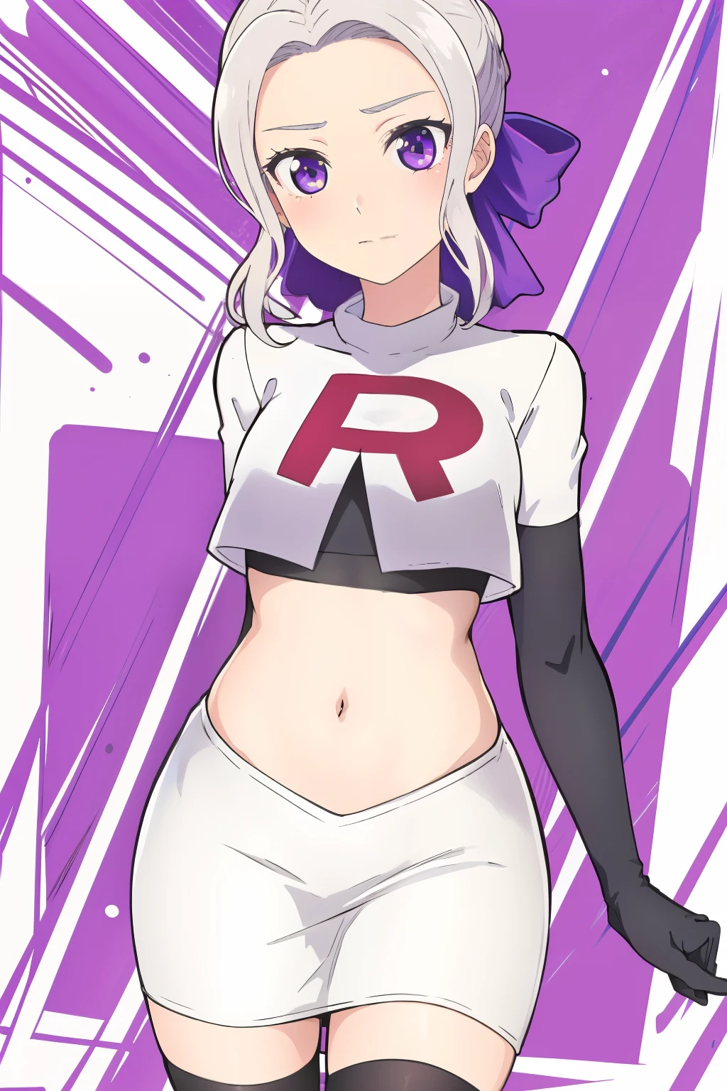 ((best quality)),((highly detailed)),masterpiece,absurdres,detailed face,beautiful face,(detailed eyes, deep eyes),(1girl),((dynamic pose)), shino, 1girl, solo, purple eyes, looking at viewer, fairy background, ribbon, hair ribbon, purple ribbon, white hair, team rocket,team rocket uniform,white skirt,red letter R,crop top,black thigh-highs,black elbow gloves