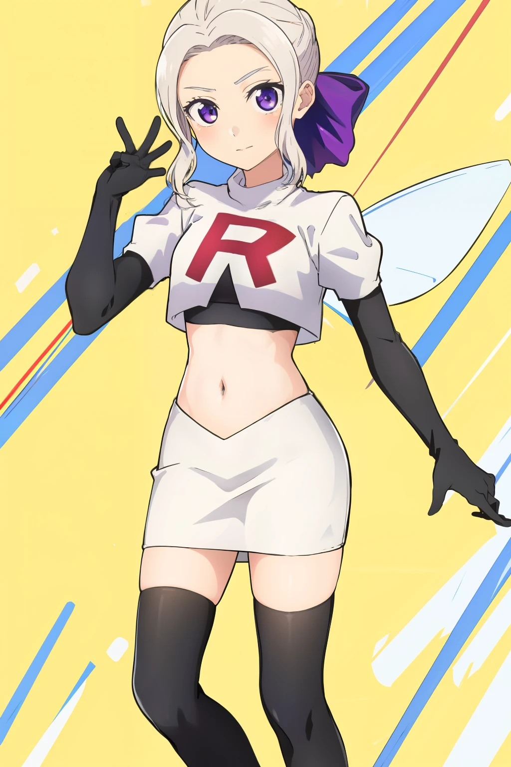 ((best quality)),((highly detailed)),masterpiece,absurdres,detailed face,beautiful face,(detailed eyes, deep eyes),(1girl),((dynamic pose)), shino, 1girl, solo, purple eyes, looking at viewer, fairy background, ribbon, hair ribbon, purple ribbon, white hair, team rocket,team rocket uniform,white skirt,red letter R,crop top,black thigh-highs,black elbow gloves