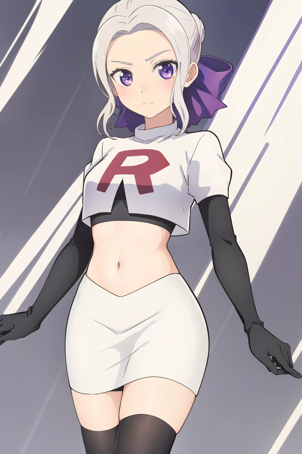 ((best quality)),((highly detailed)),masterpiece,absurdres,detailed face,beautiful face,(detailed eyes, deep eyes),(1girl),((dynamic pose)), shino, 1girl, solo, purple eyes, looking at viewer, fairy background, ribbon, hair ribbon, purple ribbon, white hair, team rocket,team rocket uniform,white skirt,red letter R,crop top,black thigh-highs,black elbow gloves