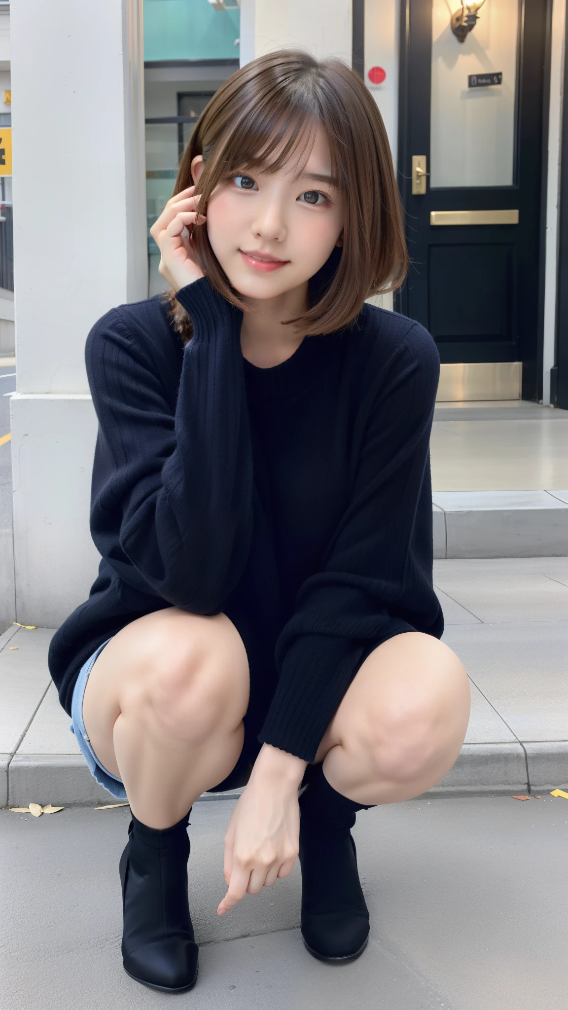 Photo taken by a professional photographer，Close-up of a woman squatting on the sidewalk with her legs crossed, kiko mizuhara, wearing a sweater, Shirahime cut brown hair, wearing a sweater, young and cute girl, japanese model, 白いwearing a sweater, Chiho, ランダムカラーのカジュアルなwearing a sweater,Cute ide waves with short hair, a cute young woman, cute young woman, black pantyhose，black tights，black high heels，