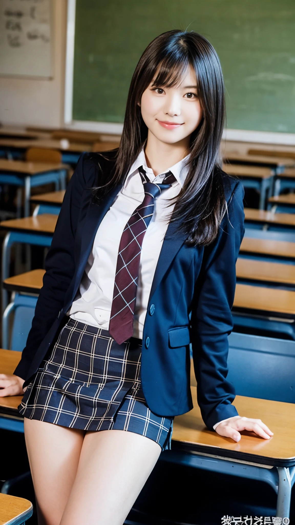 Stand in the classroom of school2girl girl,Red Tie Uniform,Dark Blue Closed Blazer,blue plaid miniskirt,18-year-old,bangs,a little smile,thighs,knees,from below,random pose,pretty girl,slender girl,