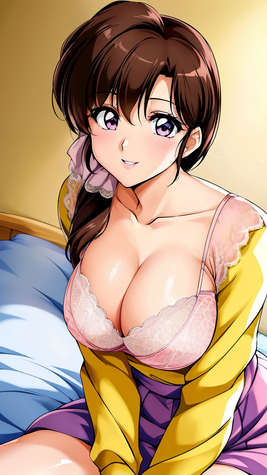 tendou_kasumi, Yellow_Shirt_blue_high-waist_skirt, solo, large breasts,, masterpiece, best quality, detailed face,(pink lace bra), detailed eyes, highres,perfect face, perfect body,big tits,smiling, sitting,upper body,cleavage, lying on bed, ((show tits)),perfect tits