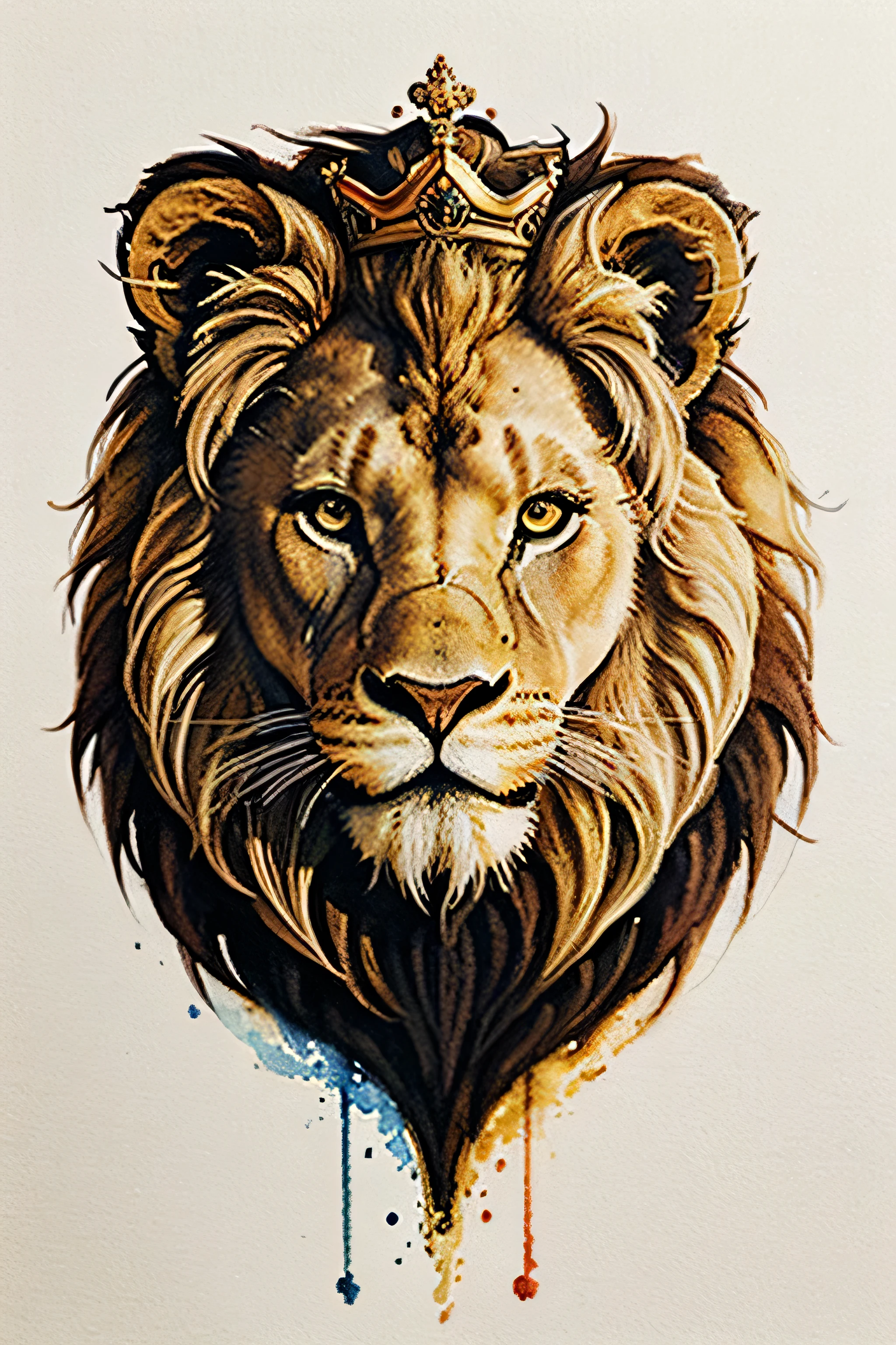 Develop a unique representation of a lion in a modern, watercolor artwork. This lion must be portrayed with a contemporary approach, incorporating modern artistic and stylistic elements. Furthermore, the lion should be wearing a king's crown, simbolizando majestade e poder