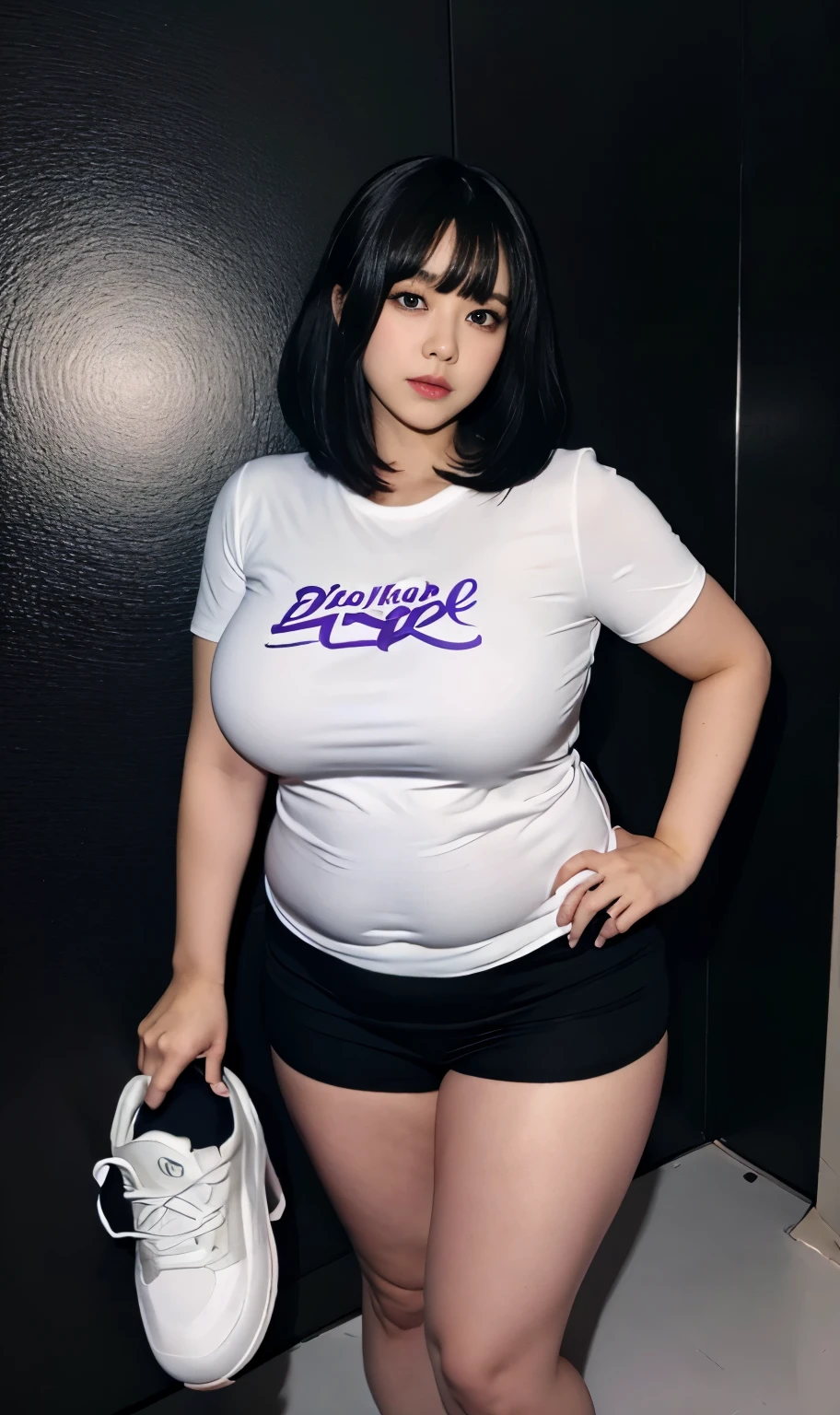 A beautiful beauty, long black hair, big eyes, round face, dress, tight purple skirt, sneakers , slightly fat, plump and sexy, delicate facial features, on the black room, black room, dark room, HD, high quality, the best picture quality, chubby body, bob haircut