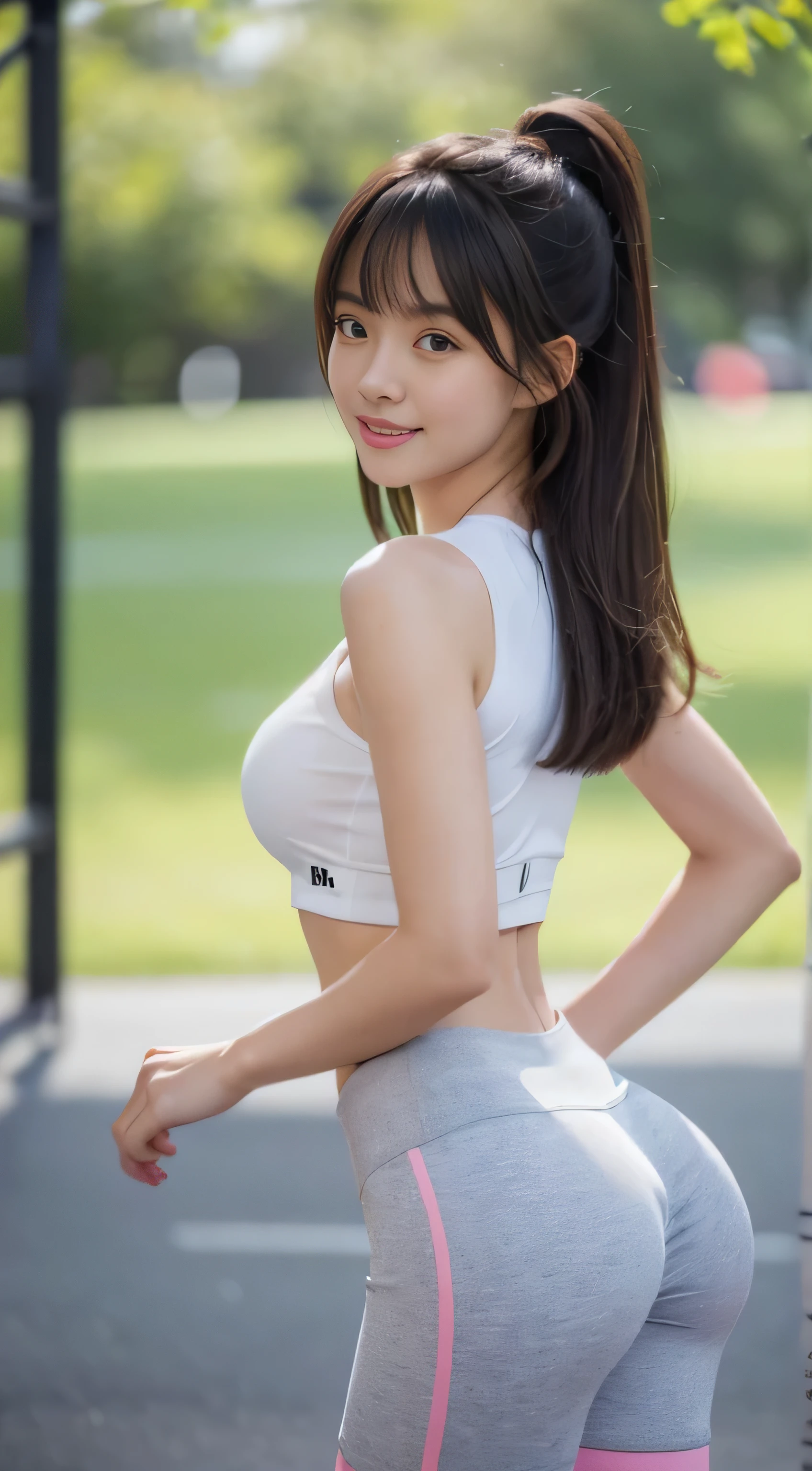 (8K, Raw foto, Best Quality, Cute face, Masterpiece:1.2), Hight Details TAW Color Pictures, professional photograph, (realisitic, Realistis:1.37), ((Best Quality)), Cinematic light, (finerly detailed face:1.2), (Masterpiece:1.5), (Best Quality:1.2), (Bokeh:1.2), 35 mm:1.25, Wide Angle, High Angle:1.2, glamour shots, portrait photos, Shot from her top front or side or back, close-up:1.2, 1 Girl, 19-year-old athlete, Solo, White skin, Cute, Detailed skin texture, sparkly skin, detailed beautiful and delicate face:1.3, Athletic Sportswear, Padded Crop Top, large natural breasts, a narrow waist, large pelvis, detailed hair with bangs, detailed long messy hair:1.3, Random hairstyle, Smiling:1.2, she is hot and sweaty, Exercising in the gym, Tight-fitting tracksuits, short shorts, Tight-fitting shorts, Leggings