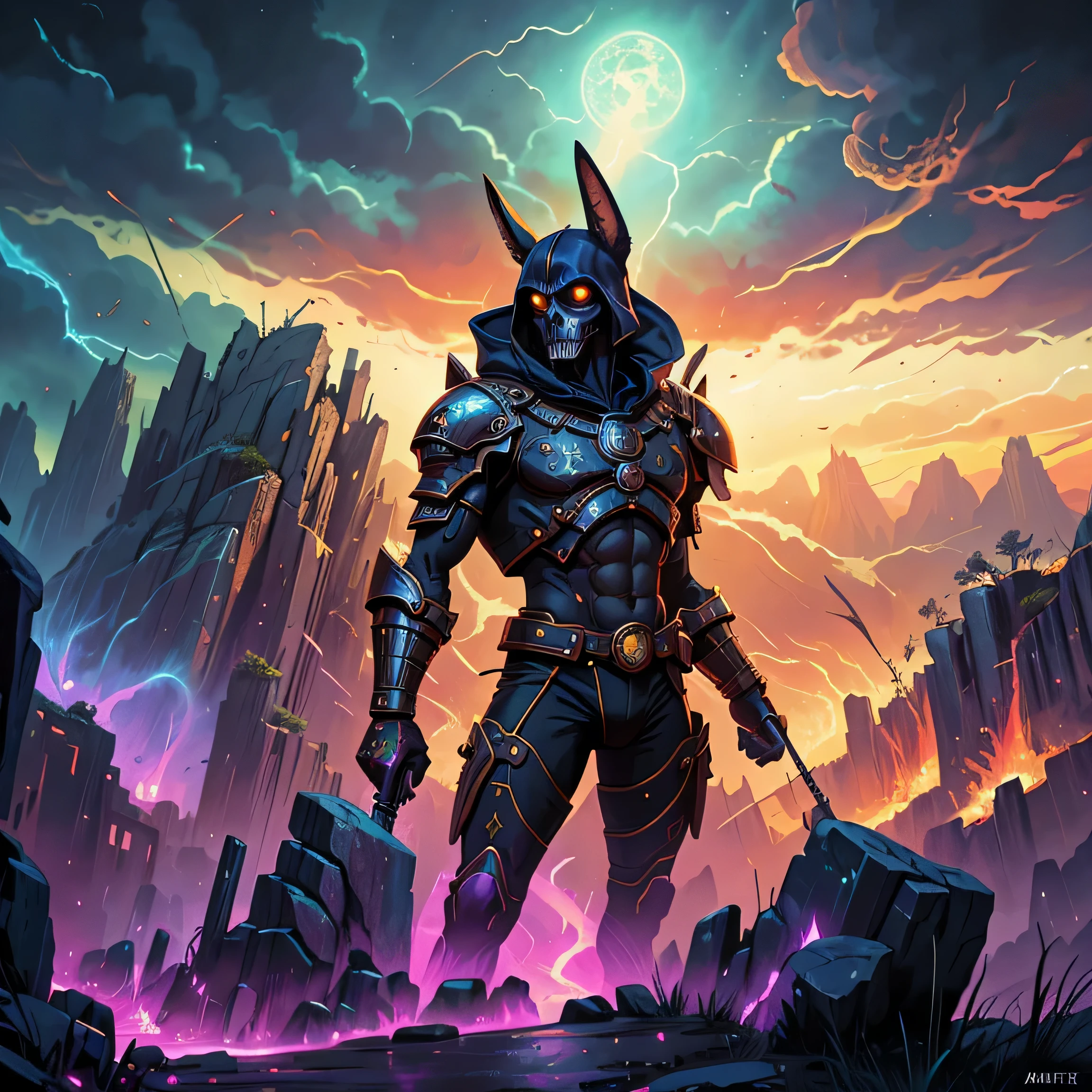Imagen de la muerte de un hombre con una capa parado sobre una roca., pintura digital de rayos divinos, a sinister fantasy illustration, epic fantasy sci fi illustration, Arte digital 4k muy detallado, Abstract hidden epic composition, epic surrealism 8k oil painting, dreamy digital painting, Surreal mystical atmosphere, Foto del fantasma de Anubis, fantasy digital painting