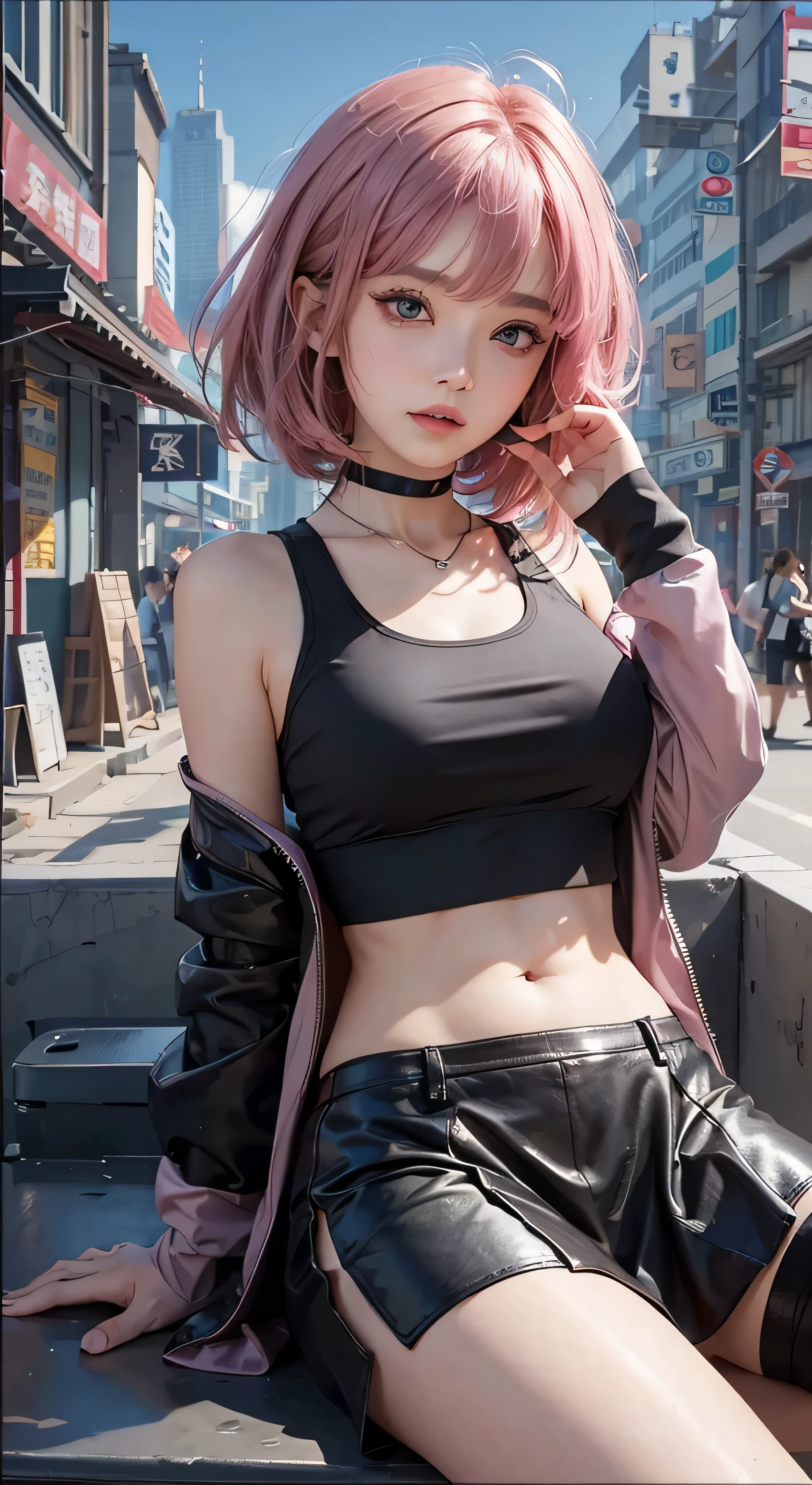 一个粉红色头发和黑色上衣的女人坐在城市街道上,背景是红绿灯, Artgerm, anime art, cyberpunk art, photorealism, 1girl, bangs, bare_shoulders, black_choker, breasts, bridge, brown_eyes, building, choker , city, cityscape, crop_top, jewelry, looking_at_viewer, makeup, midriff, navel, necklace, pink_hair, short_hair, side-tie_panties, sitting, skirt, skyscraper, 独奏,tank_top