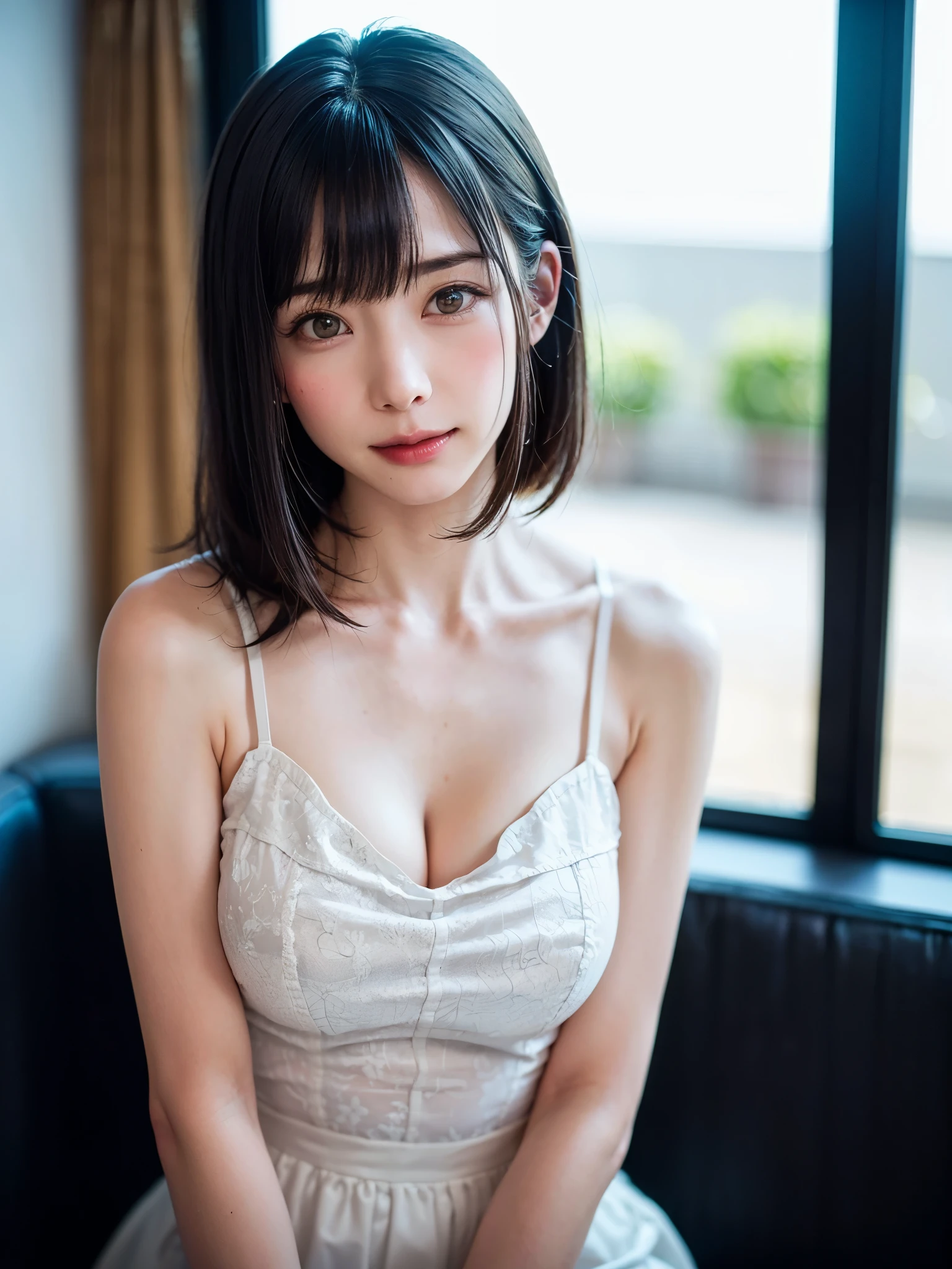 (table top, highest quality、high detail:1.4、very attractive beauty、Adds intense highlights to the eyes、look closely at the camera:1.4、Beautiful woman full of charm、ideal body proportions、perfect anatomy、brunette short bob hair、shiny hair、bangs:1.4、光沢のあるbangs:1.4、lip gloss),1 girl, Report, light brown shiny hair, scarf,realistic, looking at the viewer、Please tilt your head slightly, bright colored crystal light blue eyes, short and shiny hair、 chest中央に穴の開いた白いタートルネックの衣装,chestの真ん中に丸い穴のあるセクシーな白いタートルネック ニット セーター、 lips, lip gloss, Upper body、Big eyes、eyelash、face is a little red、embarrassing)、((italian road in winter))、((short hair with Big eyess、Give students very powerful highlights、{Huge|big|Hugeな|mega} chest:2、very bigger chest:2、look at the audience、very beautiful beauty、please show me your ears、long neck、smile a little、beautiful teeth、open your mouth and smile、heart shaped eyes))、28 years old、very cute super model、bangs:2