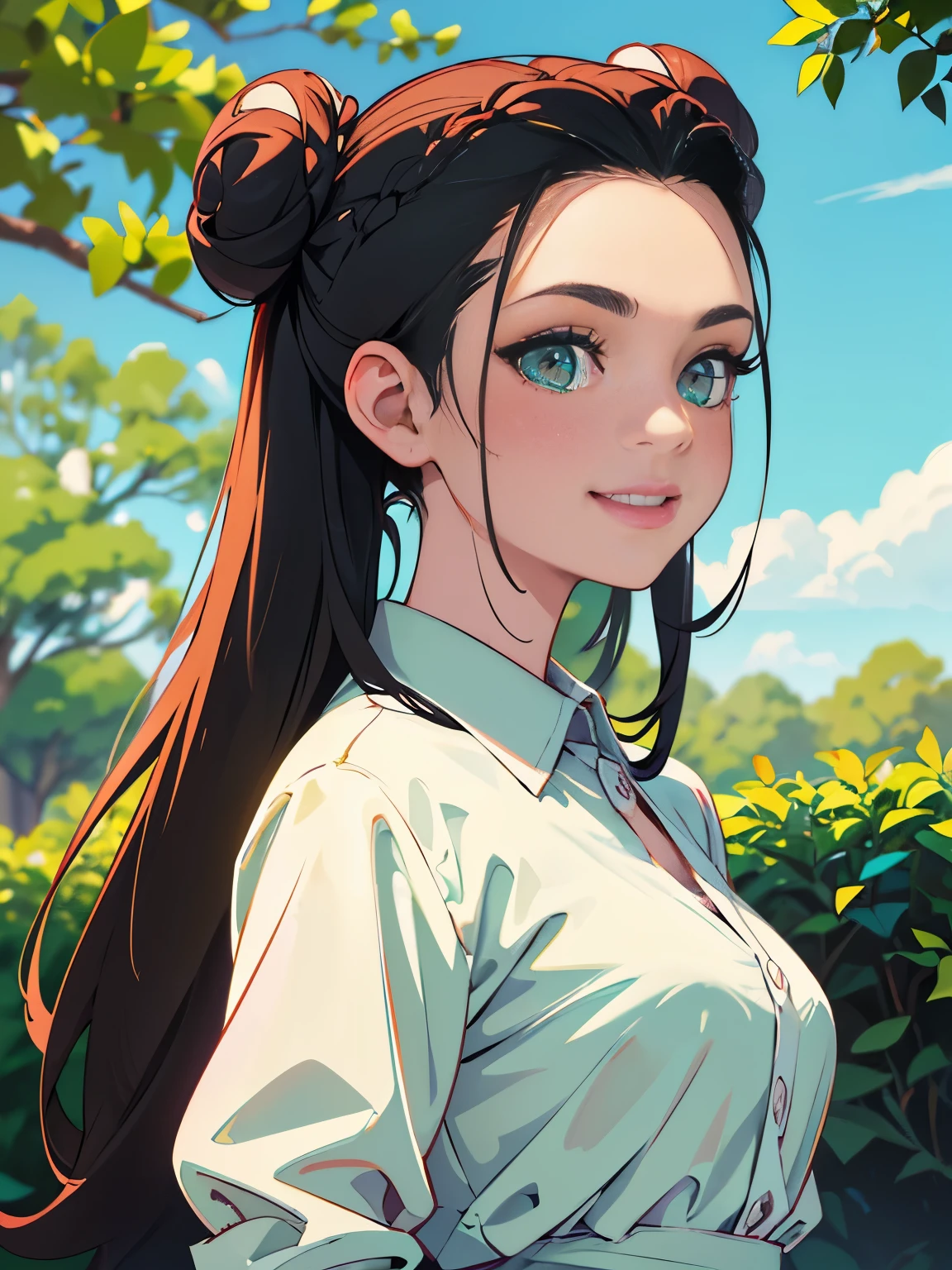 smile、daytime park、High level image quality、((two bun hair)) Long hair in two buns, ((slicked back hairstyle))、Forehead is exposed.、black hair、green eyes、pastel colour、Upper body, delicate drawing、
