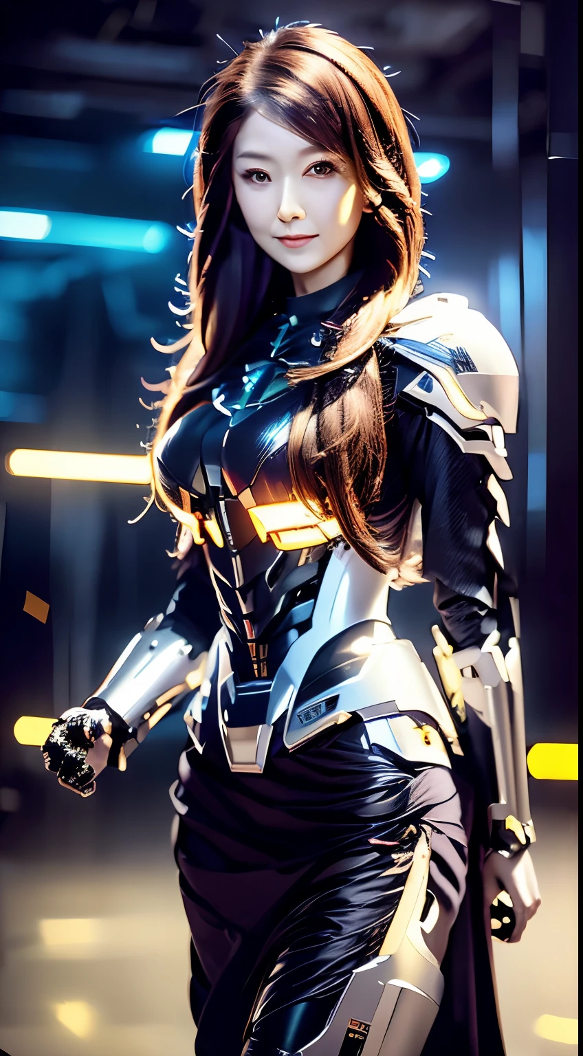 photo fullbody, sit down, Highest image quality, outstanding detail, ultra-high resolution, (fidelity: 1.4), best illustration, favor details, highly condensed 1girl very long hair brown very silky, with a delicate and beautiful face, dressed in black and purple mecha, wearing a mecha helmet future, holding a direction controller, riding on a drone , the background is a high-tech lighting scene of the future city.cinematc, dramatic.beutiful boot. Photo realistic.skirt. wearing armor metal.