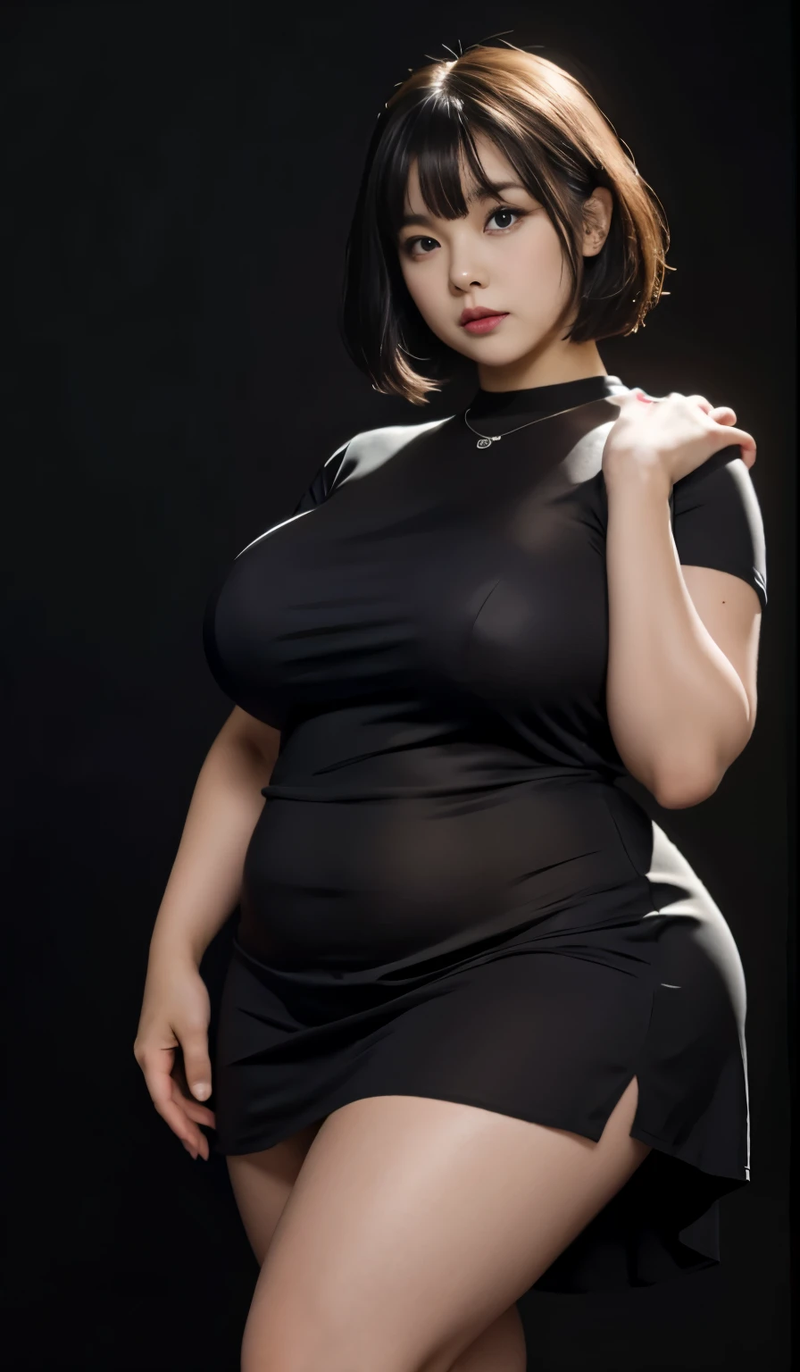 A beautiful beauty, long black hair, big eyes, round face, dress, tight purple skirt, sneakers , slightly fat, plump and sexy, delicate facial features, on the black room, black room, dark room, HD, high quality, the best picture quality, chubby body, bob haircut