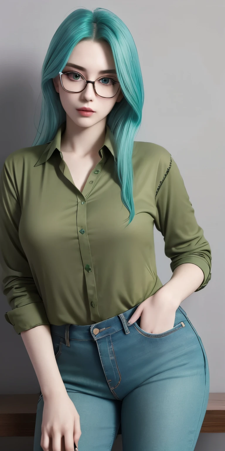 Masterpiece, best quality, 1girl, solo, 23 years old, adult, teal and green hair, aqua eyes, voluptuous, toned, 167cm, pale skin, glasses, seductive expression, olive green shirt vneck, jeans,
