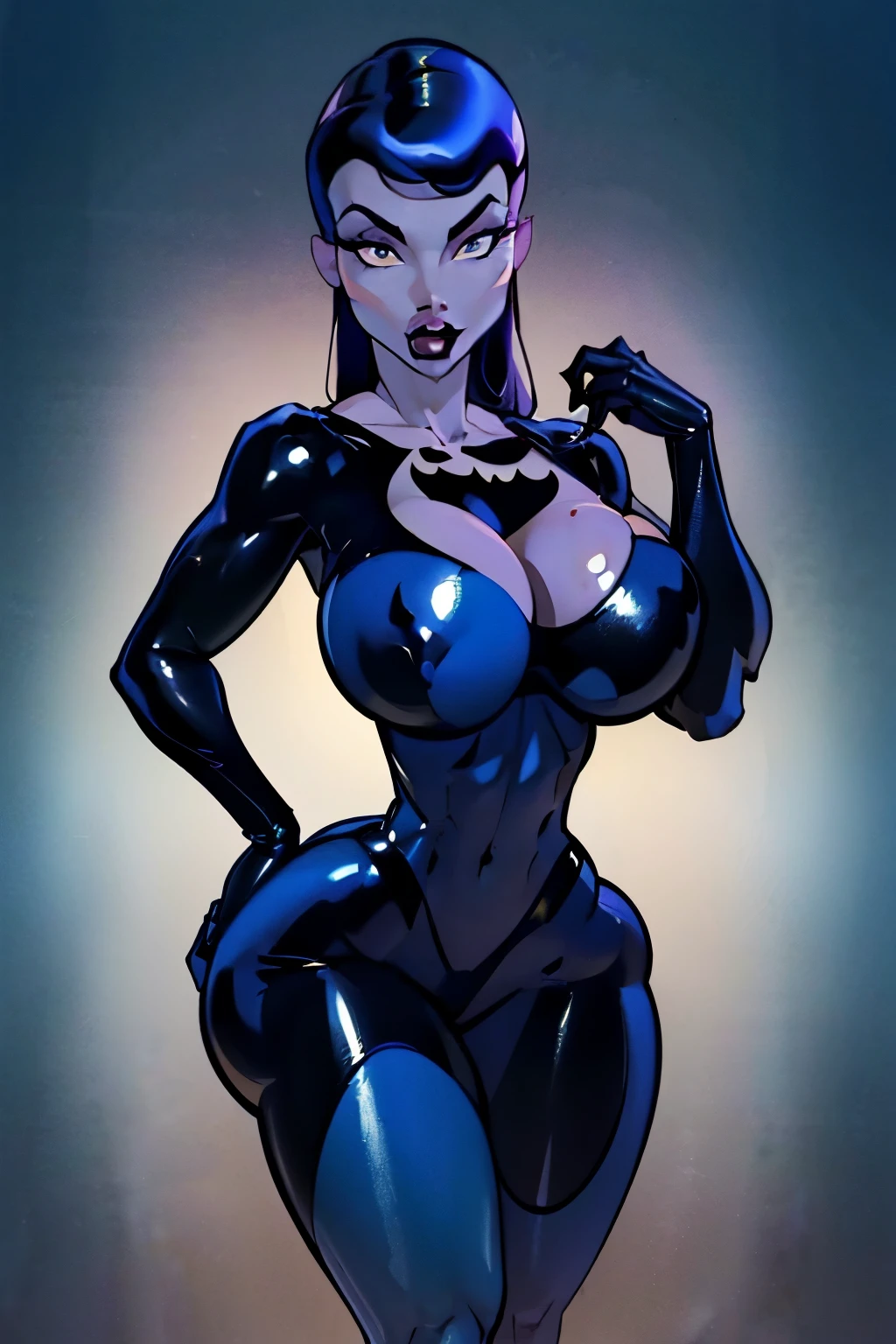 Generate a realistic illustration of a mature Inque (batman beyond villain ), ((dark blue and black body)), black hands, (Aletta ocean face), (black hair), (black eyes ), de terno preto, , ((black hair)), ((dark blue and black torso)), (slendered abs), glossy body, (dark blue breasts), dark blue body made of slime in anime format with a serious style, shiny skin, perfect skin, detailed face, defined cheekbones, puffy lips, ((nighttime)), blue legs, black arms, ((uni leg)), gothic make up, masterpiece, dark lighting, black background, ((ambient light)), puffy lips,slendered hips, (hip dips), beautiful face,