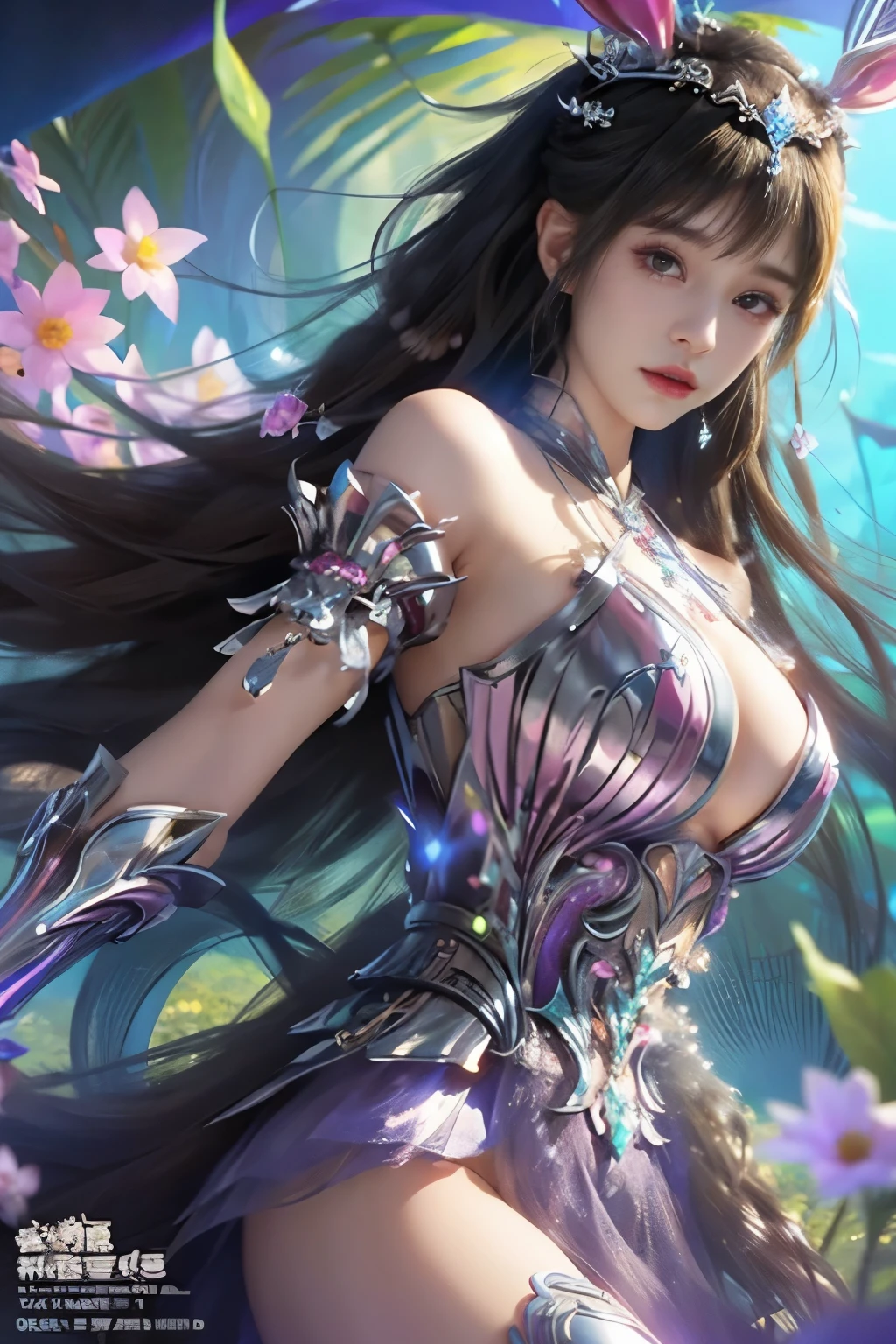Close-up of a woman with rabbit ears and a sword, Queen of the Sea Mu Yanling, Zodiac Girl Knight Portrait, Lineage 2 style, Smooth anime CG art, Game CG, beautiful fantasy queen, Complex and gorgeous anime CGI style, drank, Close up view of goddess,Round the face, anime goddess, dead, Realistic anime girl rendering,huge breasts,Larger breasts,amazing breast size,Expose cleavage,bareness的乳房,Extensive nudity,bareness,big ass,There are no shoulder straps
