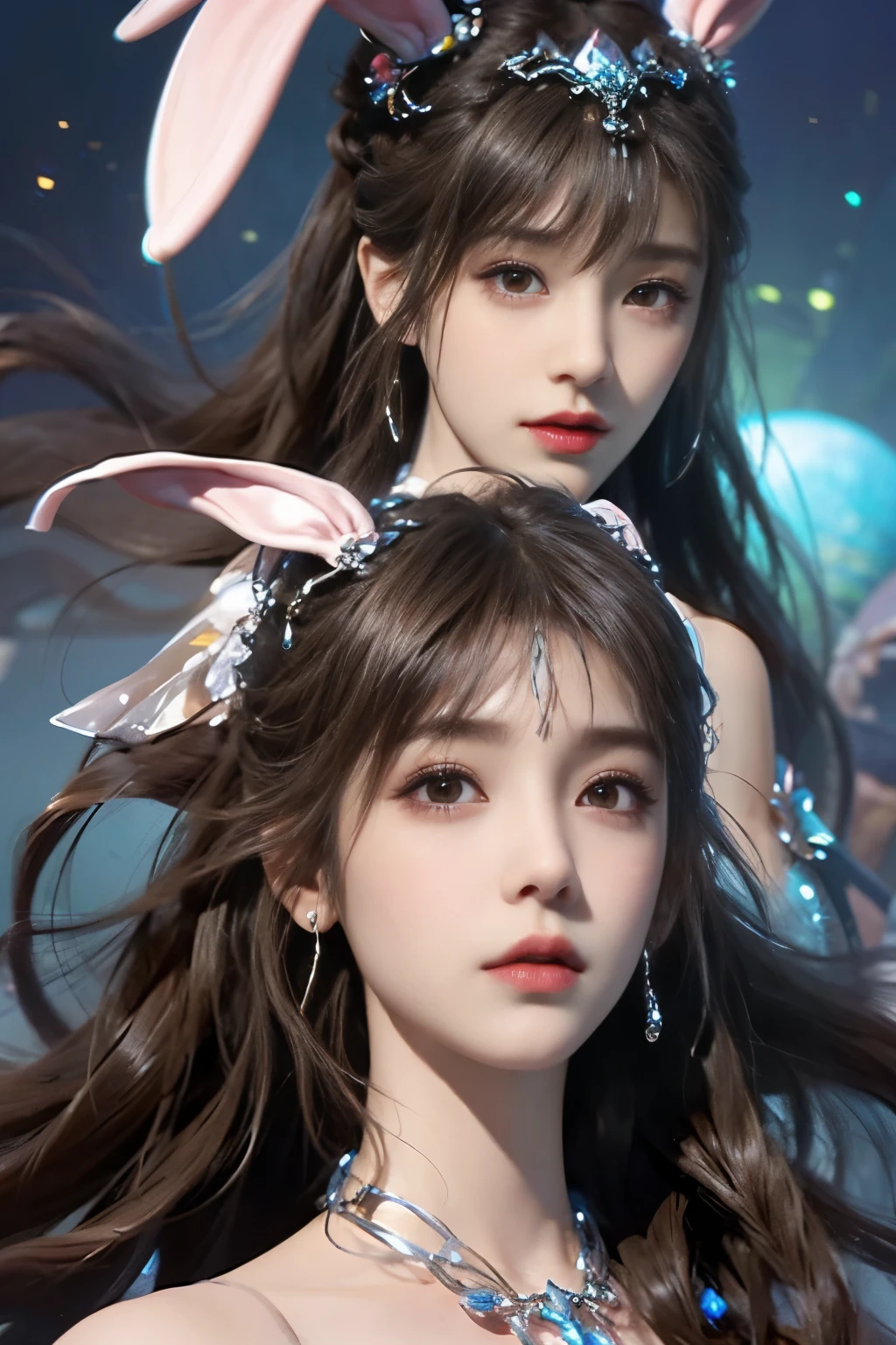 Close-up of a woman with rabbit ears and a sword, Queen of the Sea Mu Yanling, Zodiac Girl Knight Portrait, Lineage 2 style, Smooth anime CG art, Game CG, beautiful fantasy queen, Complex and gorgeous anime CGI style, drank, Close up view of goddess，Round the face, anime goddess, dead, Realistic anime girl rendering，huge breasts，Larger breasts，amazing breast size，Expose cleavage，bareness的乳房，Extensive nudity，bareness，big ass，There are no shoulder straps