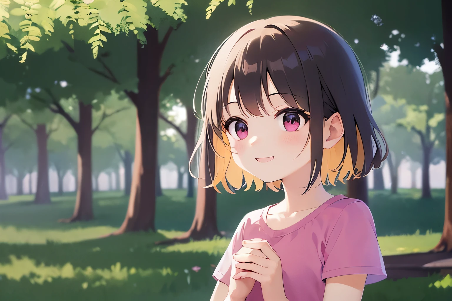 side angle, masterpiece、high quality、Short hair with bright chestnut bangs、5-year-old girl、(:1.3), medium hair, pink eyes, (Alone:1.5)、Wearing a pink T-shirt、hands up、The upper body of the subject is shown、(A shy and smiling expression:1.1)、bold composition、The background is a park