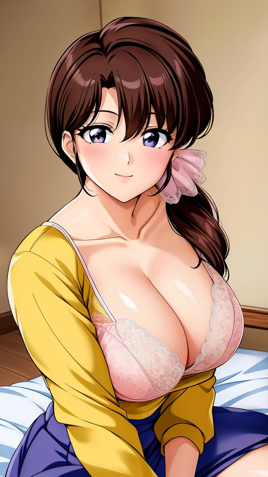 tendou_kasumi, Yellow_Shirt_blue_high-waist_skirt, solo, large breasts,, masterpiece, best quality, detailed face,(pink lace bra), detailed eyes, highres,perfect face, perfect body,big tits,smiling, sitting,upper body,cleavage, lying on bed, ((show tits)),perfect tits