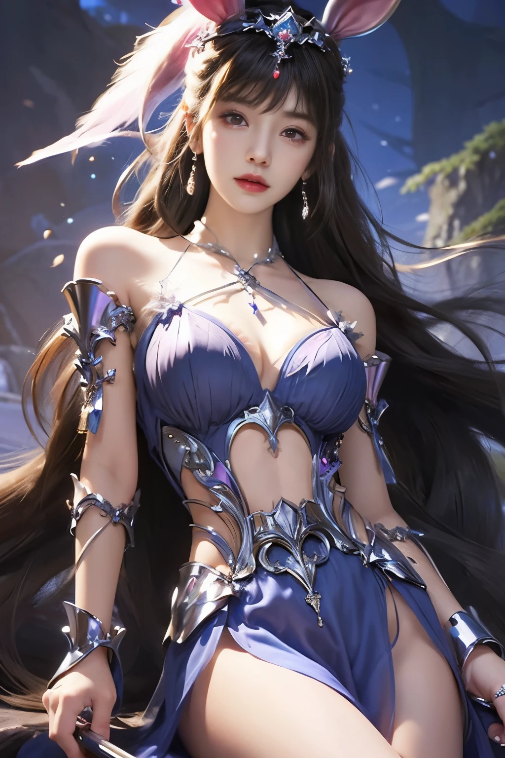 Close-up of a woman with rabbit ears and a sword, Queen of the Sea Mu Yanling, Zodiac Girl Knight Portrait, Lineage 2 style, Smooth anime CG art, Game CG, beautiful fantasy queen, Complex and gorgeous anime CGI style, drank, Close up view of goddess,Round the face, anime goddess, dead, Realistic anime girl rendering,huge breasts,Larger breasts,amazing breast size,Expose cleavage,bareness的乳房,Extensive nudity,bareness,big ass,There are no shoulder straps
