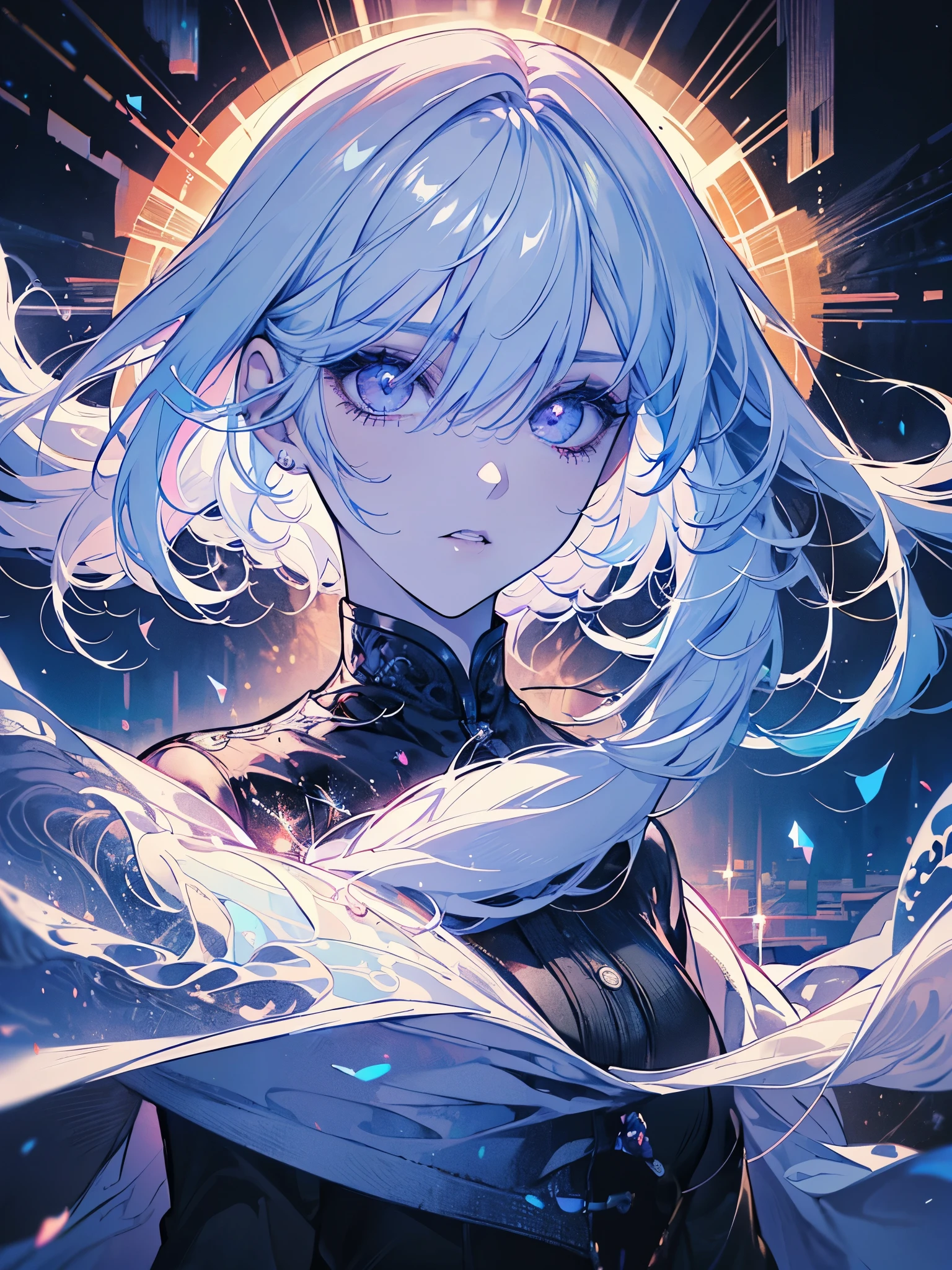 macabre girl, white eyes, eye makeup, white eyebrows, white eyebrows, black lips, long hair, moving white hair, huge white cape, cleavage, black latex pants, high-heeled boots, sitting with legs open like a model, ( ((emitting black mana, levitating furniture))), {extremely detailed 16k CG unit wallpaper}, expansive landscape photography, (a low view with focus on character and setting), (wide view of open field ), (low angle shot), (high light: 1.3), (low light: 1.5), (warm light source: 1.3), complex details, (iridescent colors: 1.5), (bright lighting), (atmospheric lighting ), dreamer, unique,
