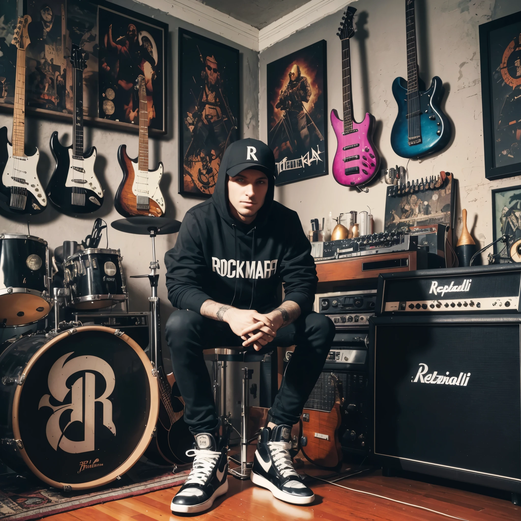 arafed man sitting in a room with a guitar and a guitar amplifier, raphael personnaz, backroom background, in his basement studio, badass composition, jakub rebelka, nick drnaso, album art, realism art, promo art, he is a rockstar, profile pic, profile picture, studio shot, raphaël, backrooms