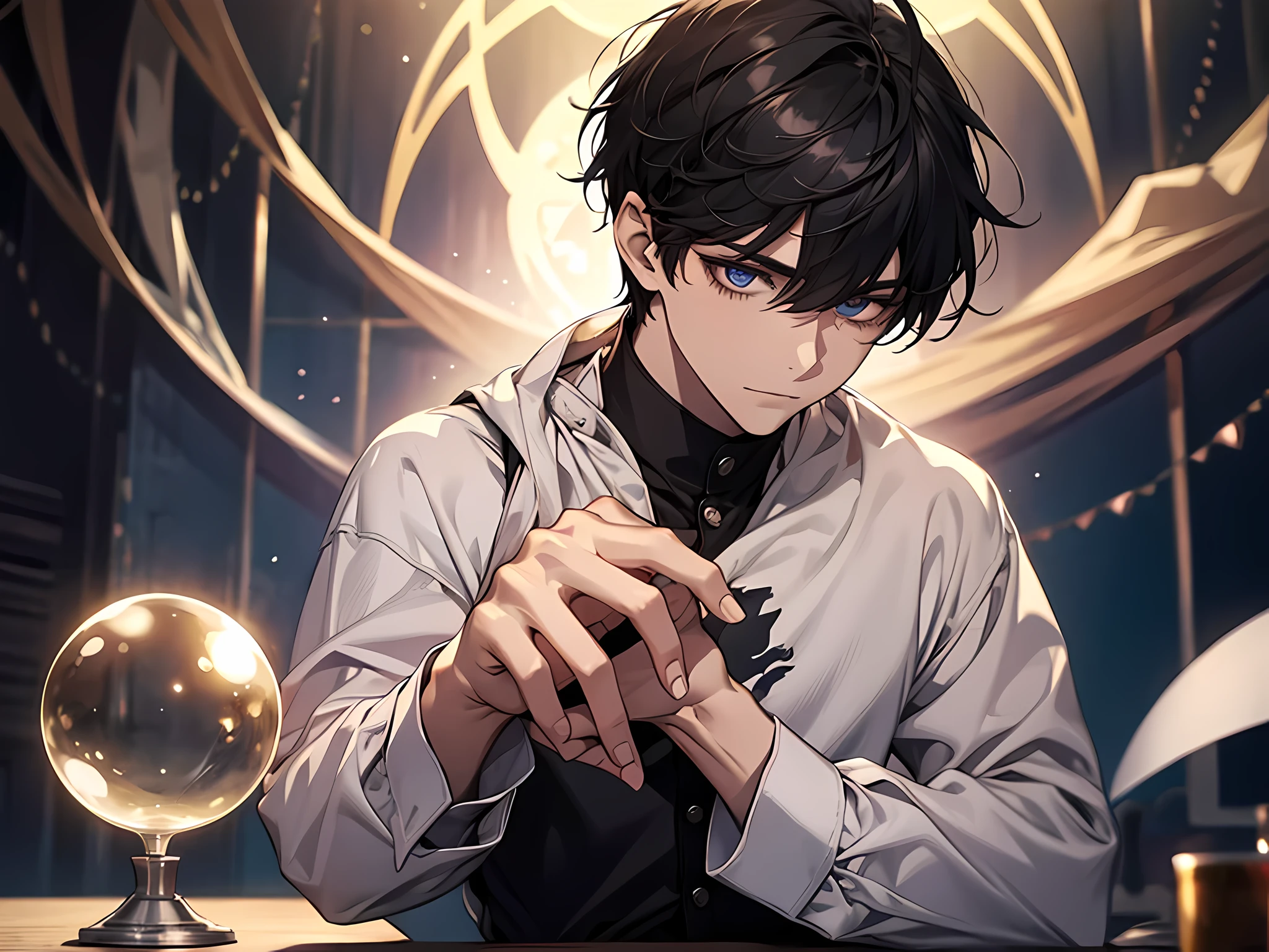 1 boy wearing white shirt, touching a magic crystal ball on the table, black eye color, black hair, short hair, face to detail, detailed eyes, perfect hands, full body illustration