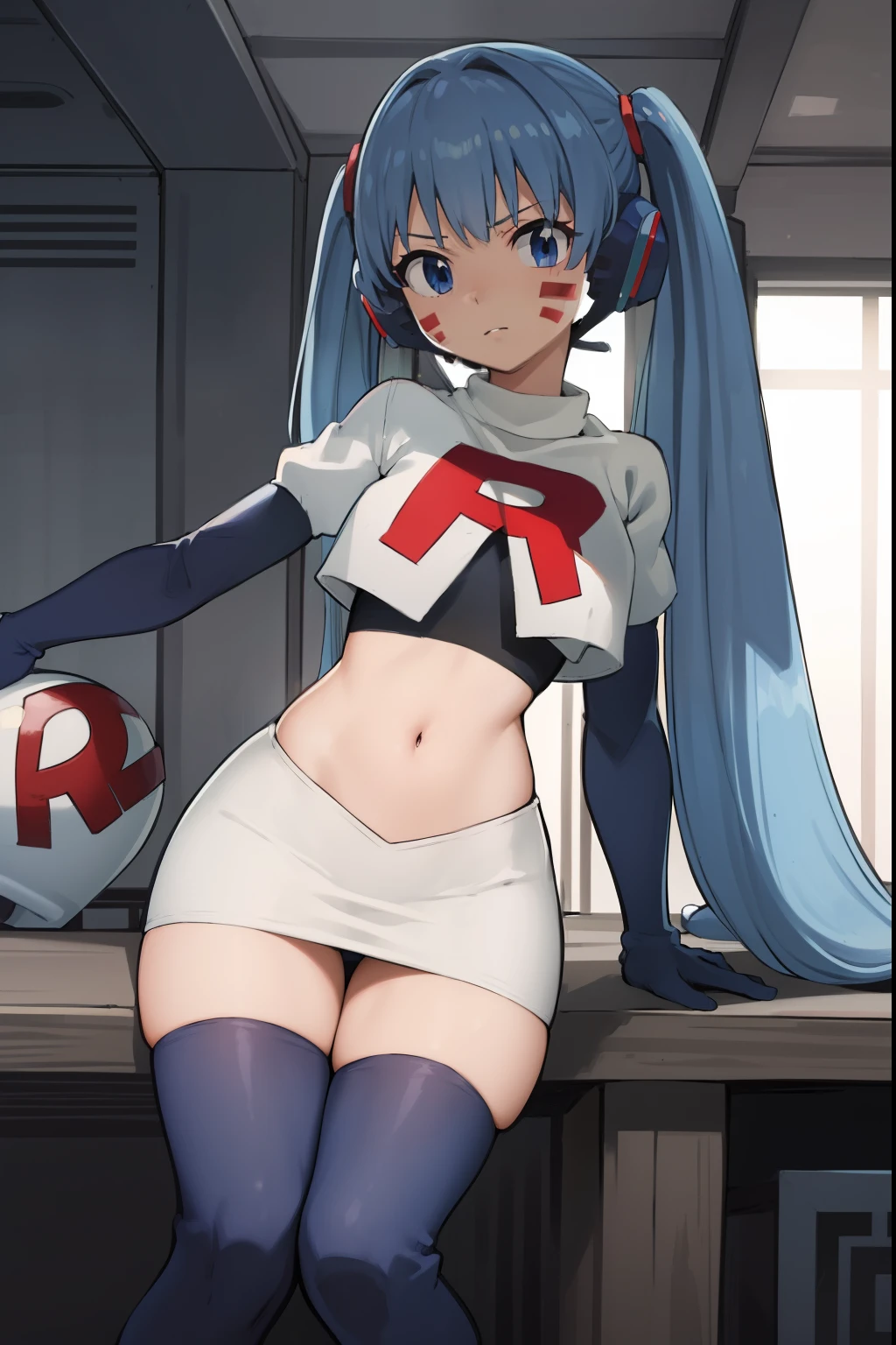 masterpiece, best quality, pov, harmit1, 1girl, solo, blue eyes, blue hair, long hair, twintails, facial mark, headphones, 
team rocket,team rocket uniform, red letter R, white skirt,white crop top,black thigh-highs,black elbow gloves