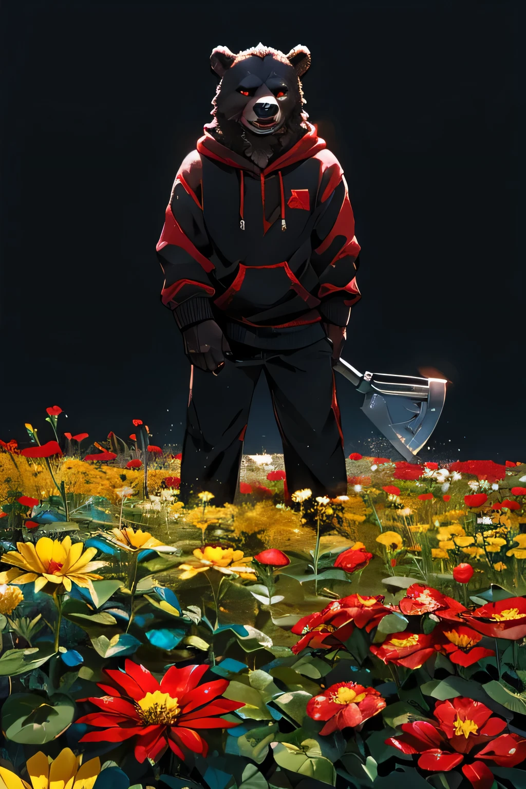 a thin bear with white Furr wearing a black and red striped sweatshirt with a red colored eye and a blue colored eye standing in a black void yellow flower bed caring a guarden shovel