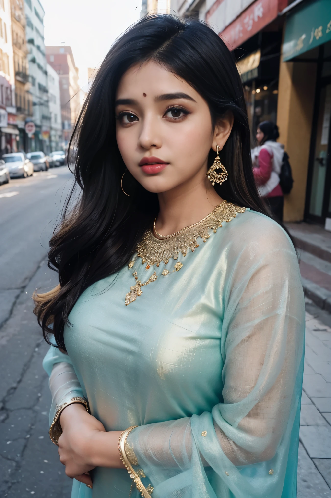 (((desi girl))), chubby face, natural skin, wearing hot deep neck top and dupatta, charming black hair, ((hair ends are blonde)), city streets background, bokeh