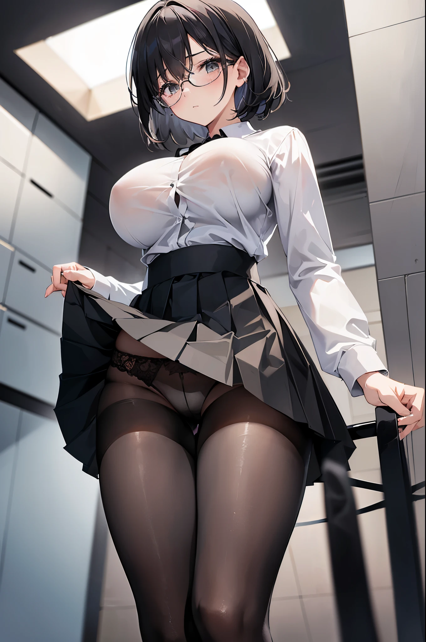 1 girl, glasses, angle from below, blush, (skirt lift:1.2), (slim body:1.2), (huge breasts:1.1), (slender legs:1.1), black hair, short hair, white long sleeve shirt, pleated skirt, (black tights:1.1), (show off black panties:1.2),