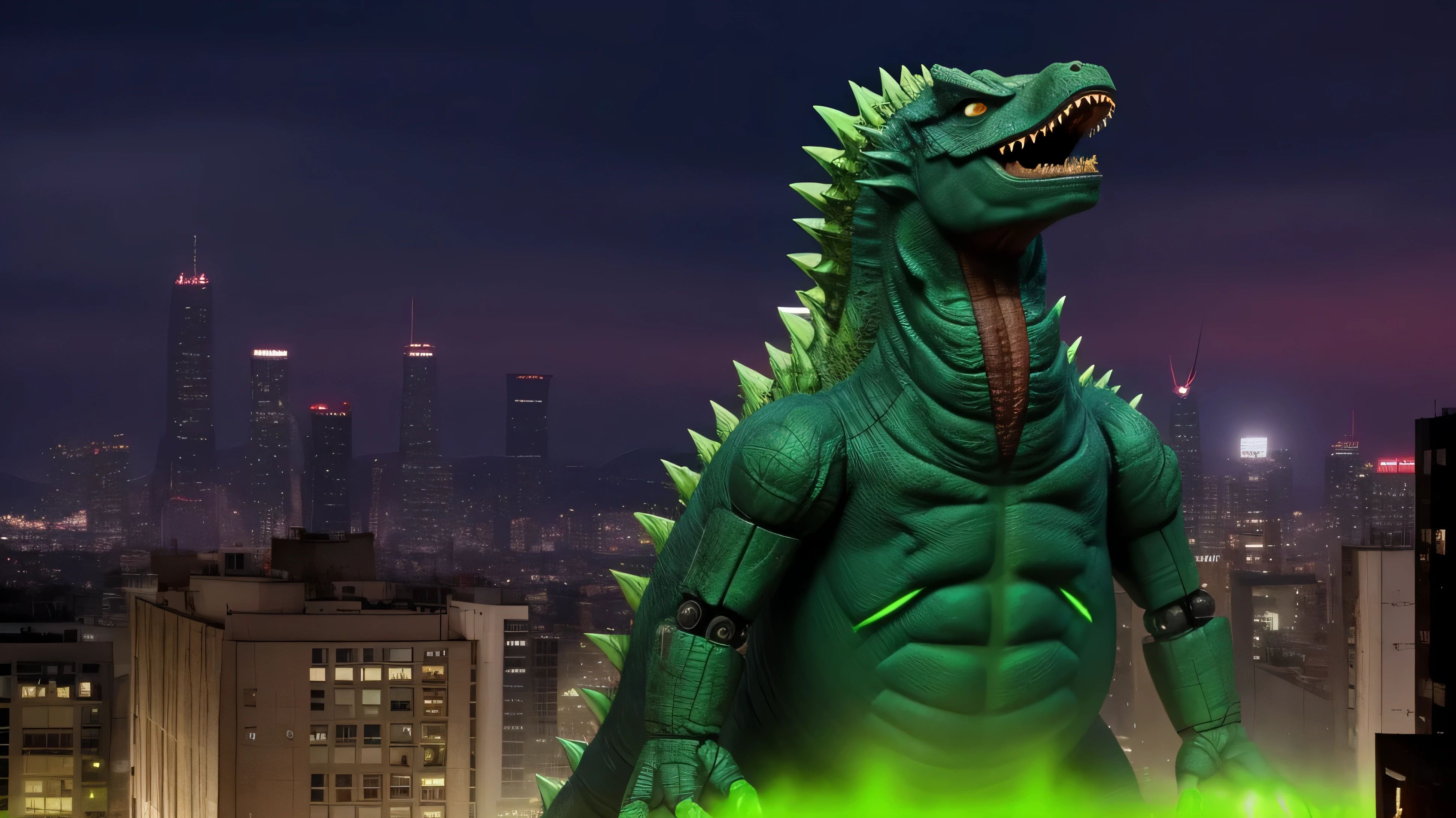 godzilla is looming over a city with large green glowing neon emerald spikes an getting ready to blow, robot gozilla 88k