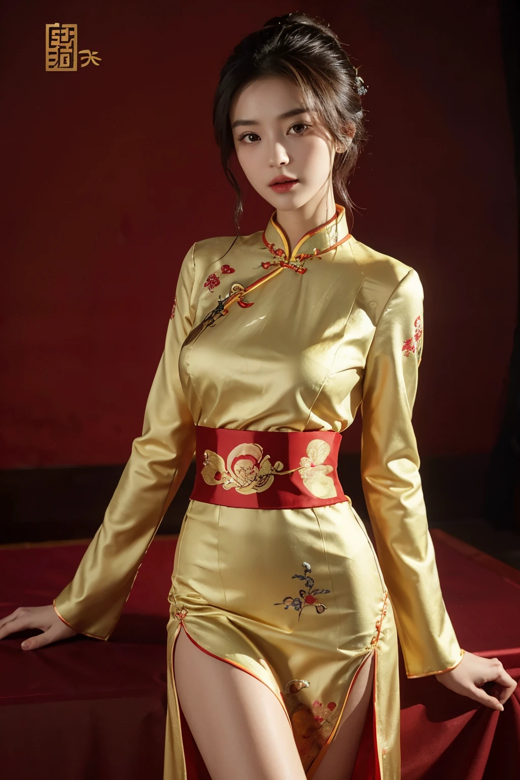 masterpiece, highest quality, high resolution, solo, Chinese girl in a cheongsam, elegant, traditional Chinese outfit, flowing silk material, intricate embroidery patterns, delicate porcelain skin, slender figure, graceful posture, captivating beauty.

best quality, masterpiece, ultra high res, photorealistic:1.4, raw photo, authentic skin texture:1.3, film grain:1.3, character portrait, very wide shot, stunning Chinese girl, cheongsam with intricate gold embroidery, long flowing sleeves, high collar, slender waist, cinched at the waist with a sash, flowing floor-length skirt, elegant pose,