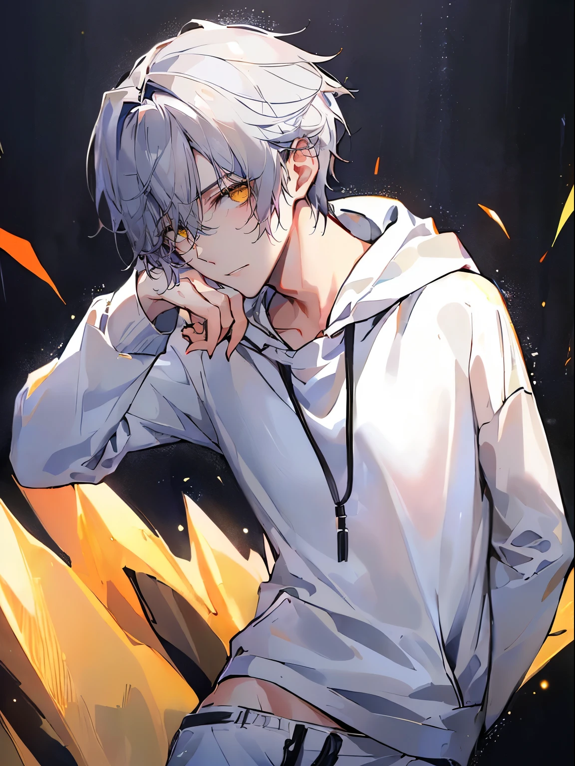 (4K works))、Masterpiece、(top quality)、gray background、Taking artist photo、The album cover、model photos、Idol photos、Korean male、adult male、((Adult 26 years old))、((adult brother))、((Face shape and mystery))、cruel man、High、((confused expression))、((firm eyes))、((Wearing a white T-shirt with a black hooded jacket、White trousers))、((Fall clothing styles with long sleeves and trousers))、((face smaller))、slim、((rogue))、((Black short hairs))、((yellow eyes))、((Shot from the front))、((pose with hands on head))、((artist photo))、((shot alone))、((Solo Photography))、Professional photos、((focus magnification))、((upper body photography))、((Face Enhancement))