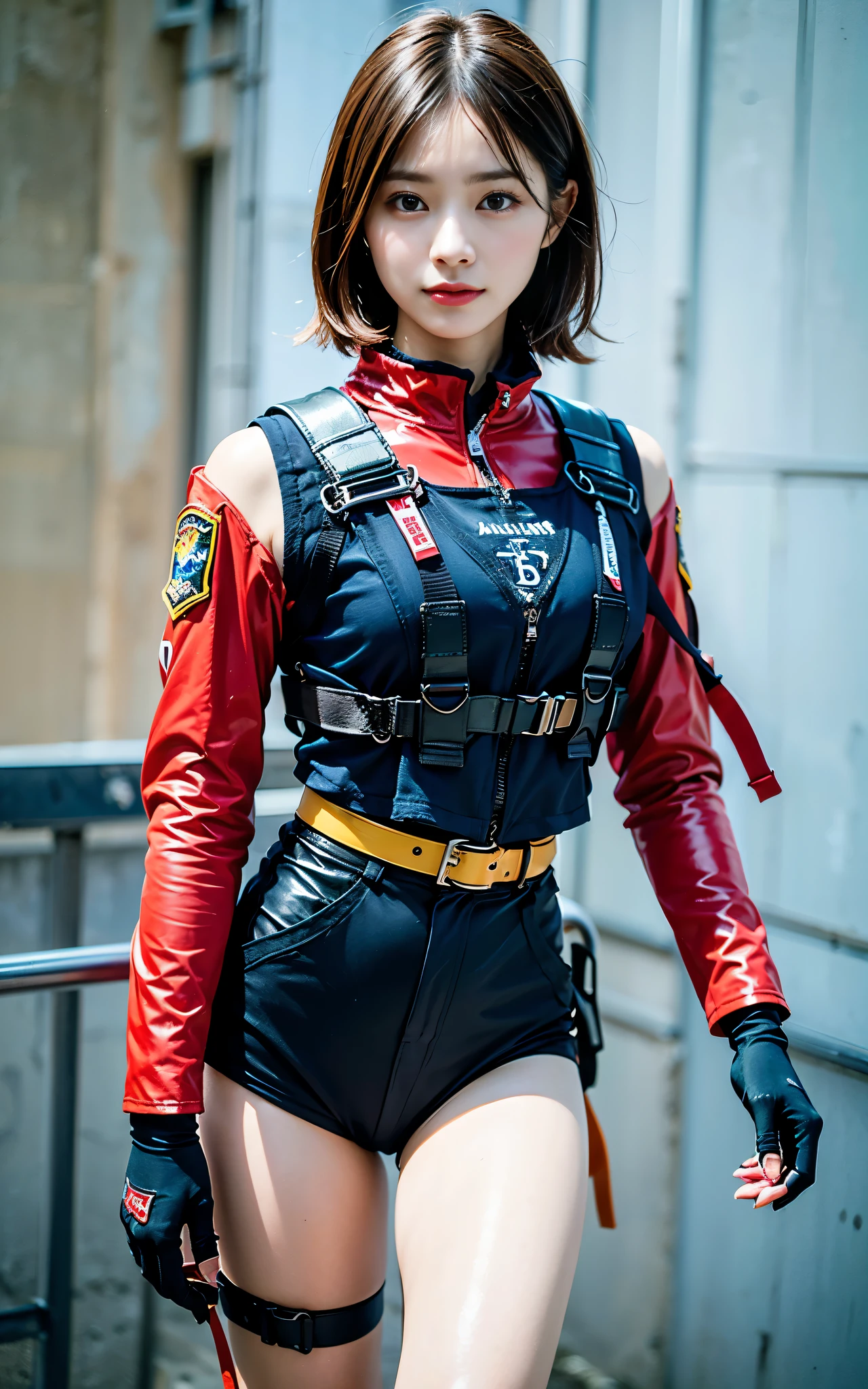 ((highest quality, 8K, masterpiece: 1.3)), ((highest quality)), realistic, photorealism, realistic, High resolution, One girl aiming with an AK-47 assault rifle, battle pose, look at the camera, (detailed face), short hair, (Wearing a red rubber suit, Tactical Vest, Military Harness, black gloves, High-tech headset), The color of the fabric is navy blue with black as the base color.), Revealed thighs, gun, Fingers are blocked, Concrete wall background,