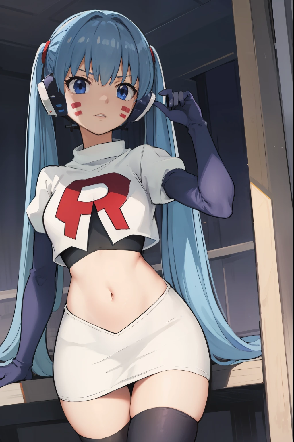 masterpiece, best quality, pov, harmit1, 1girl, solo, blue eyes, blue hair, long hair, twintails, facial mark, headphones, 
team rocket,team rocket uniform, red letter R, white skirt,white crop top,black thigh-highs,black elbow gloves