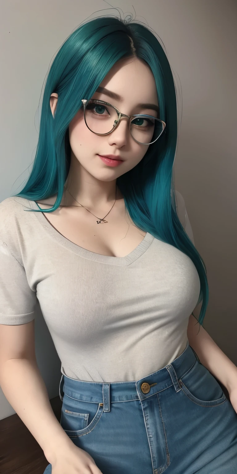 Masterpiece, best quality, 1girl, solo, 23 years old, adult, teal and green hair, aqua eyes, medium breasts,  toned, 167cm, pale skin, glasses, seductive expression, olive green tshirt v neck, jeans, 