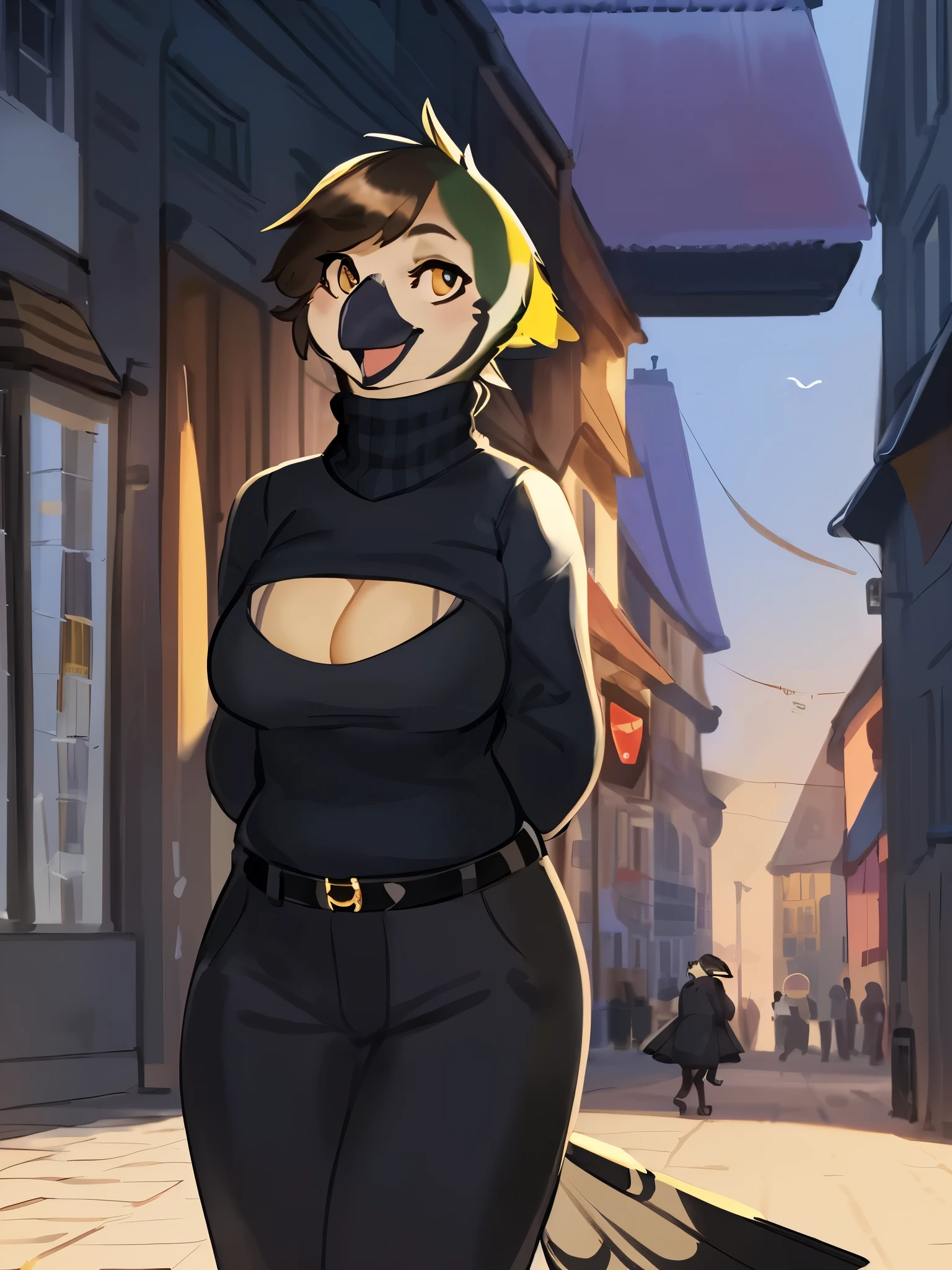 (((Great tit))), by bebebebebe, by lostgoose, by goonie-san, solo, female, standing, ((snout, hair, hair, avian, bird)), detailed eyes, german city, open mouth, smiling, happy, ((designer clothes, prada turtleneck, cleavage))