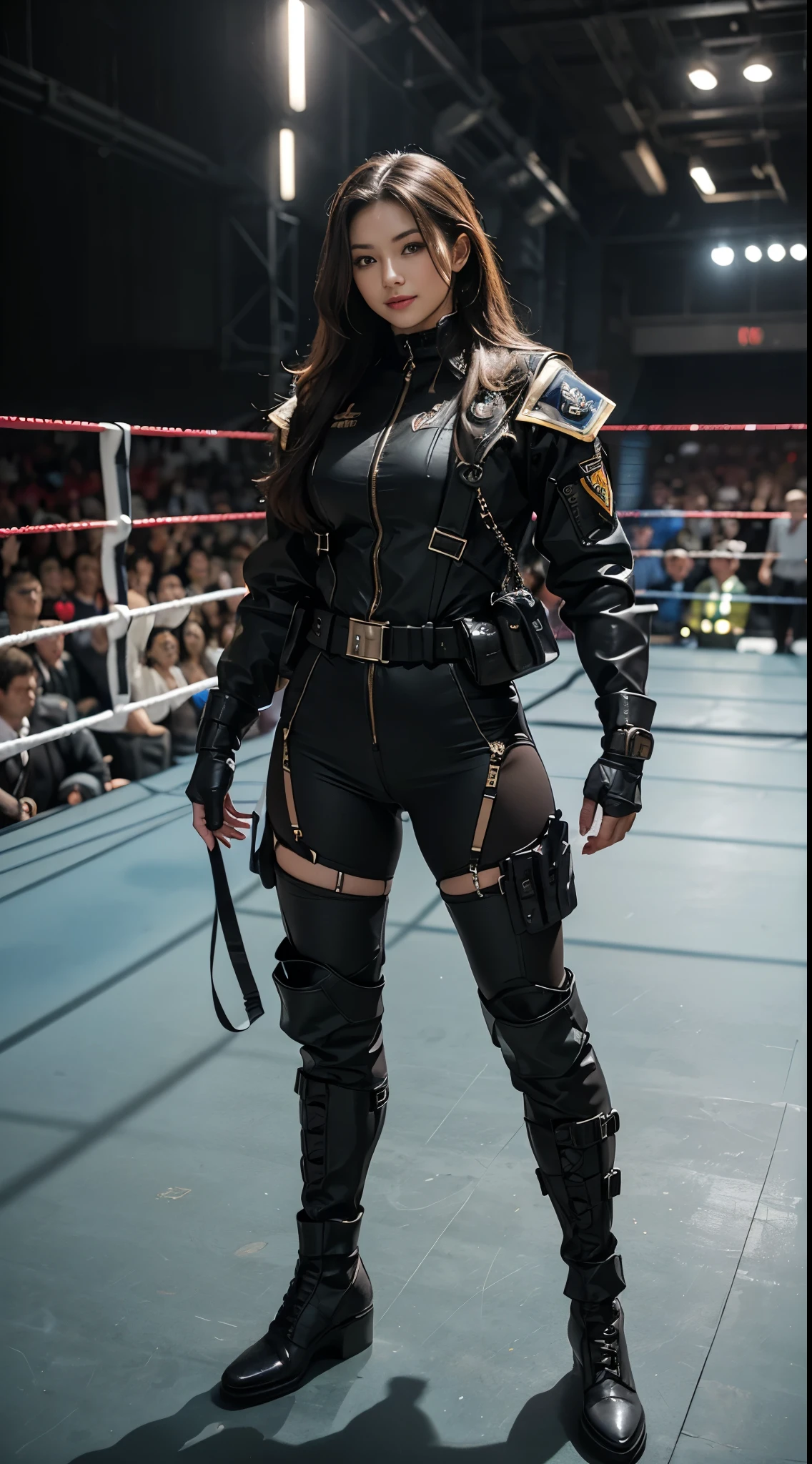 (Highest image quality, outstanding details, ultra-high resolution), 1 girl very very long hair brown or black, (wearing futuristic military outfit), (glamour body:1.2, buffed and muscular body), (a bit chubby:0.5), (futuristic military outfit inspired by WWE wrestle mania, military harness, military gears such as pouches), background military base, mild smile, dynamic pose, dramatic lighting, full body, very very long hair brown or black