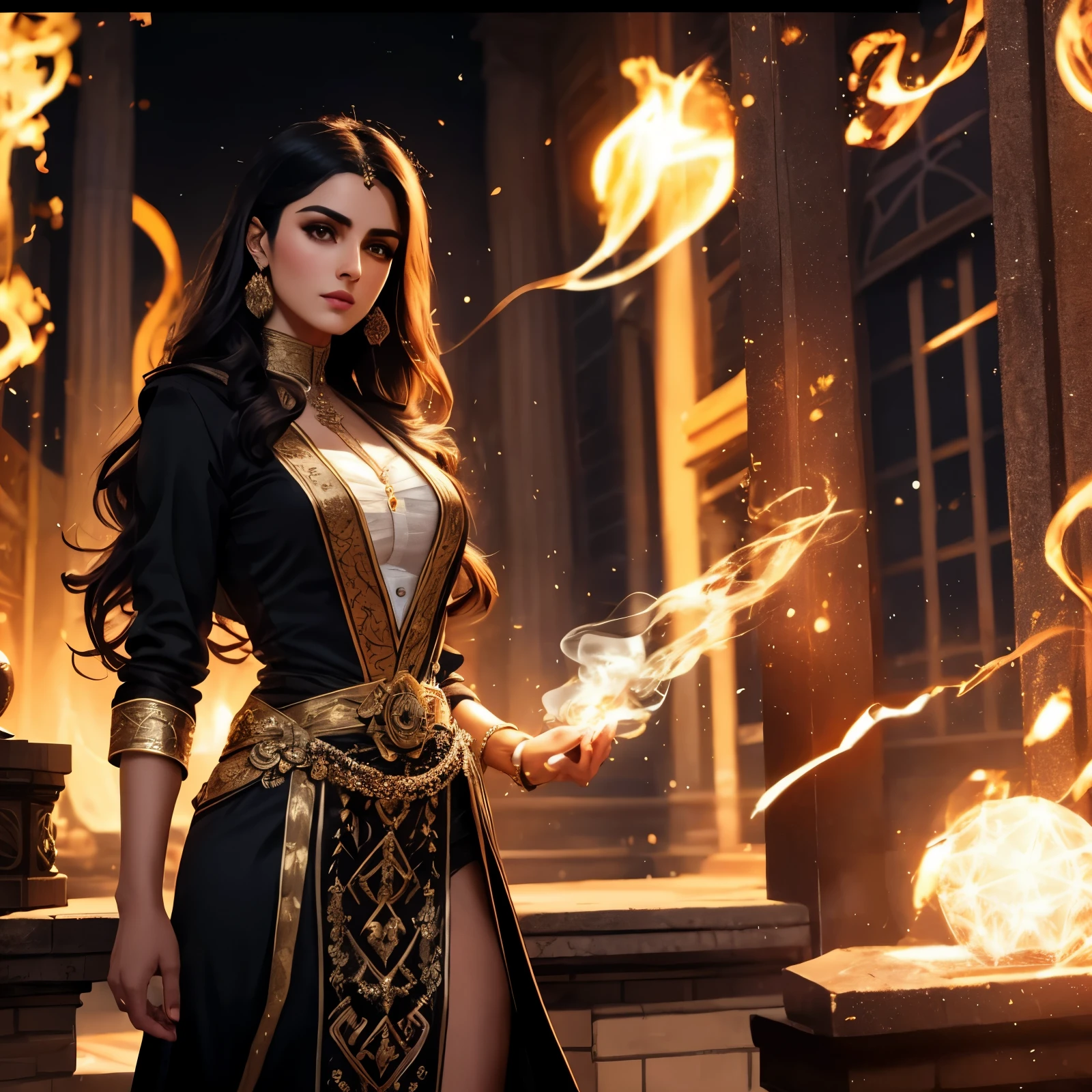 a woman in a black and gold outfit holding a wand, maya ali as a d&d sorcerer, maya ali as d&d sorcerer, maya ali as d&d mage, yennefer, maya ali as a lightning mage, yennefer of vengerberg, a beautiful sorceress, epic exquisite character art. change magical effects to dark magic. change magical effect color scheme. change magical effects to shades of black and grey.