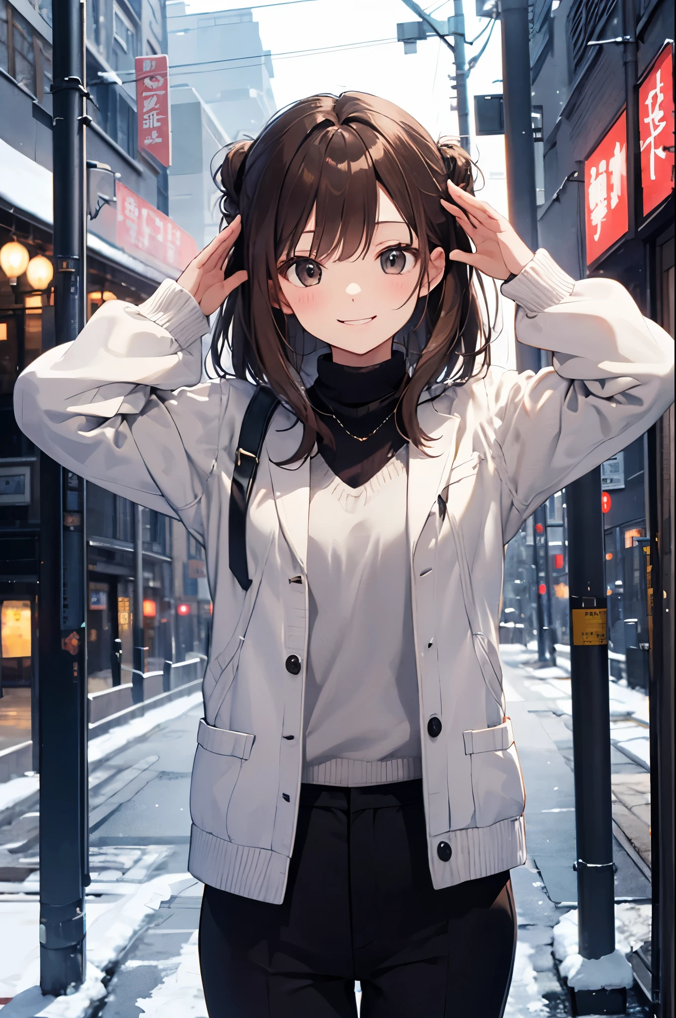 (Pretty sister:1.3)、happy face,winter atmosphere、suit figure、saluting、noon、brown hair