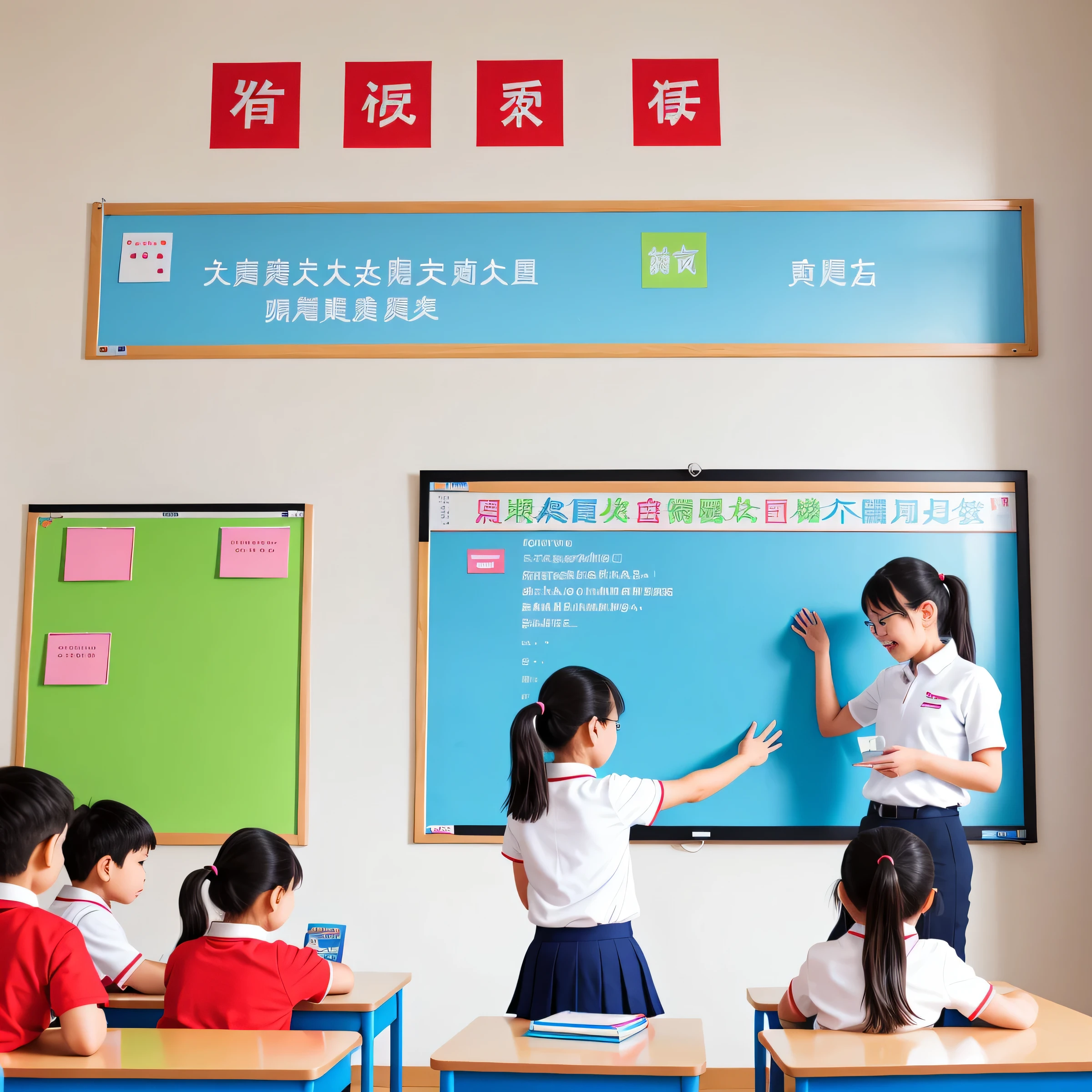 In spacious and bright classrooms，一群primary school student面对Teaching machine在认真听课，讲台上的Female Teacher用Teaching machine授课，monitor，child，Female Teacher，Teaching machine，primary school student，White clean walls，Students who speak actively，长发飘飘白裙子的Female Teacher，Large space classroom，ingenious，science and technology，HD，Clear，detail，textbooks，Teaching all-in-one machine，monitor远离课桌，over distances，primary school student