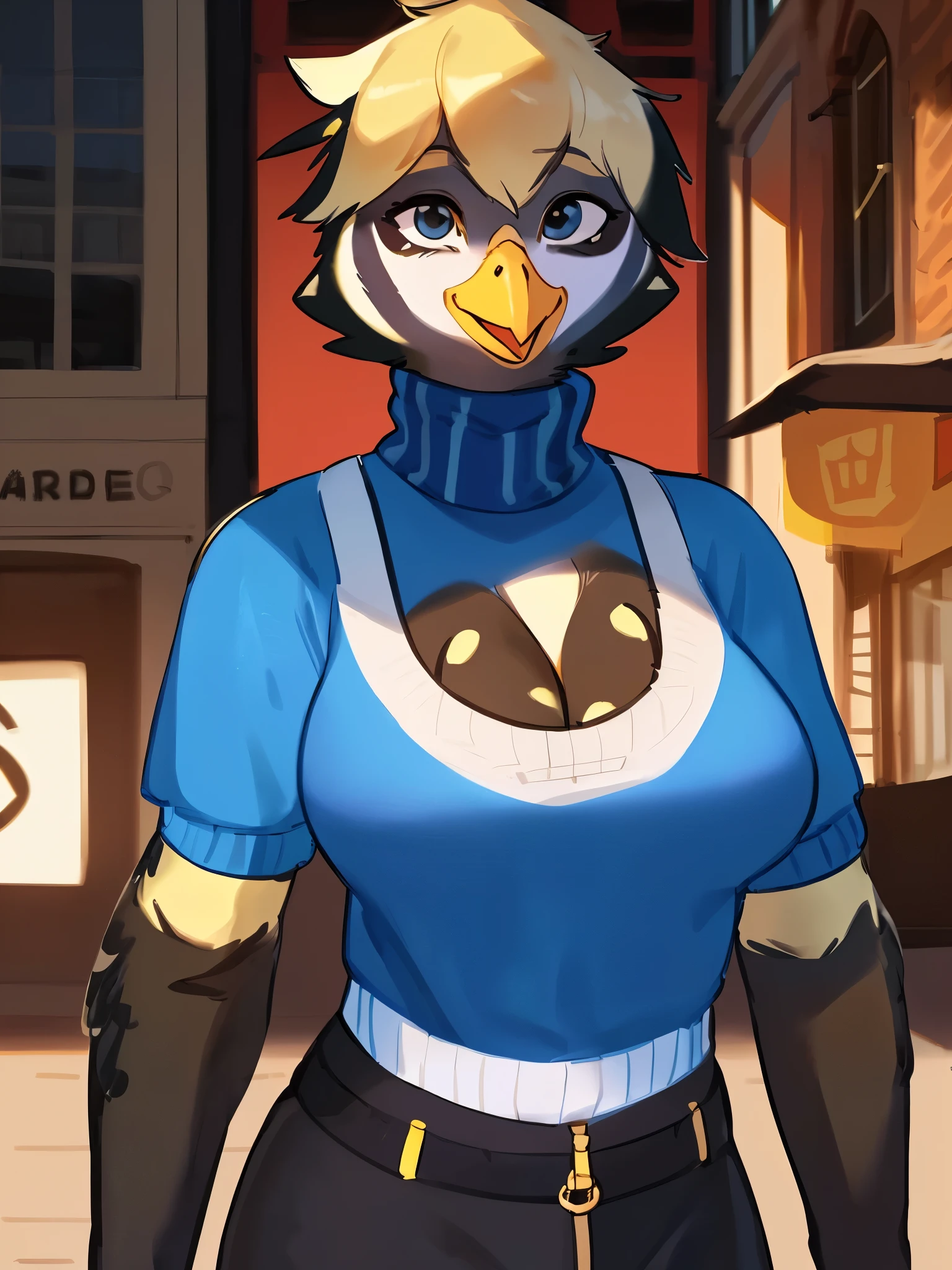 (((Great tit))), by bebebebebe, by lostgoose, by goonie-san, solo, female, standing, ((snout, hair, hair, avian, bird)), detailed eyes, german city, open mouth, smiling, happy, ((designer clothes, armani, cleavage)), turtleneck