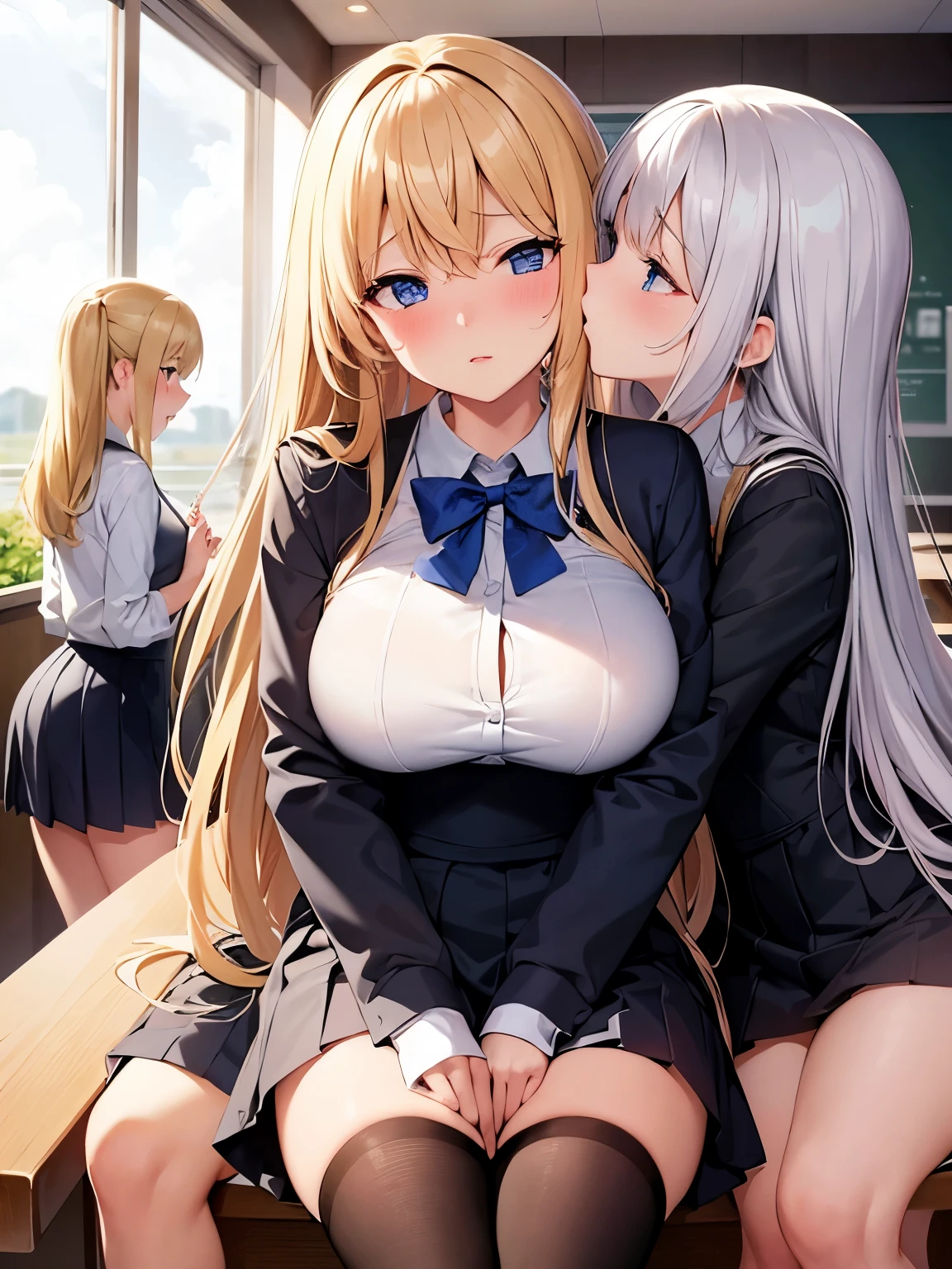 {masterpiece},{{nsfw}},{{4girls}},illustration,Blushing,Caucasian,Blonde hair,Platinum hair,Long hair,school uniform,from below,looking at another,kiss,sitting down,arching back,hands on cheeks