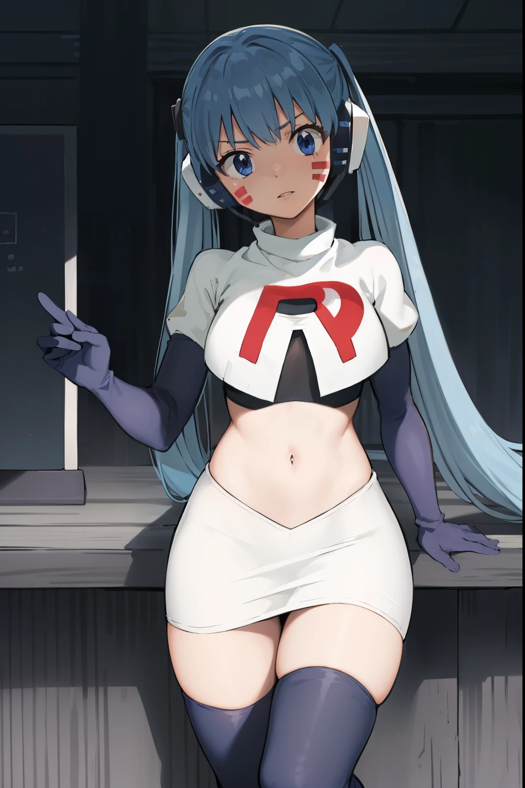 masterpiece, best quality, pov, harmit1, 1girl, solo, blue eyes, blue hair, long hair, twintails, facial mark, headphones,
team rocket,team rocket uniform, red letter R, white skirt,white crop top,black thigh-highs,black elbow gloves